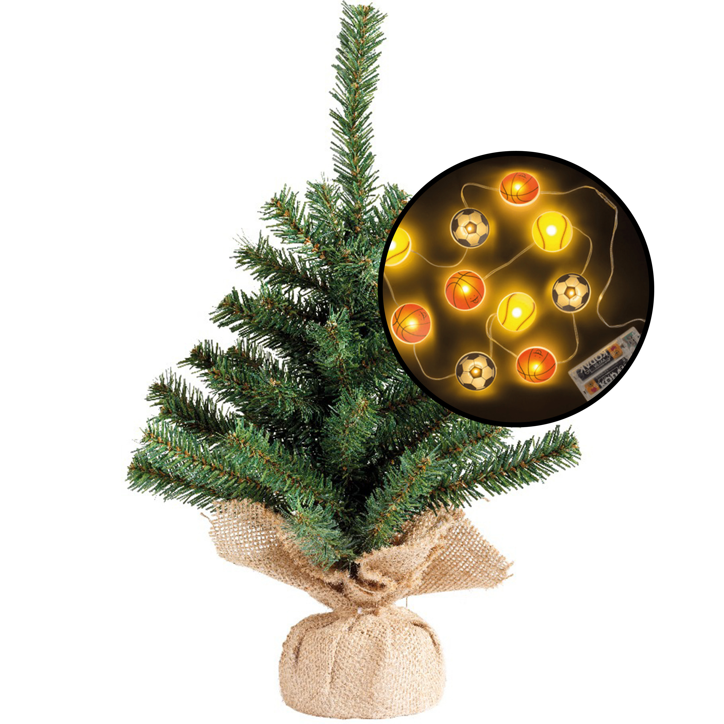 Kleine kunst kerstboom -groen -incl. sport thema lichtsnoer - H45 cm -