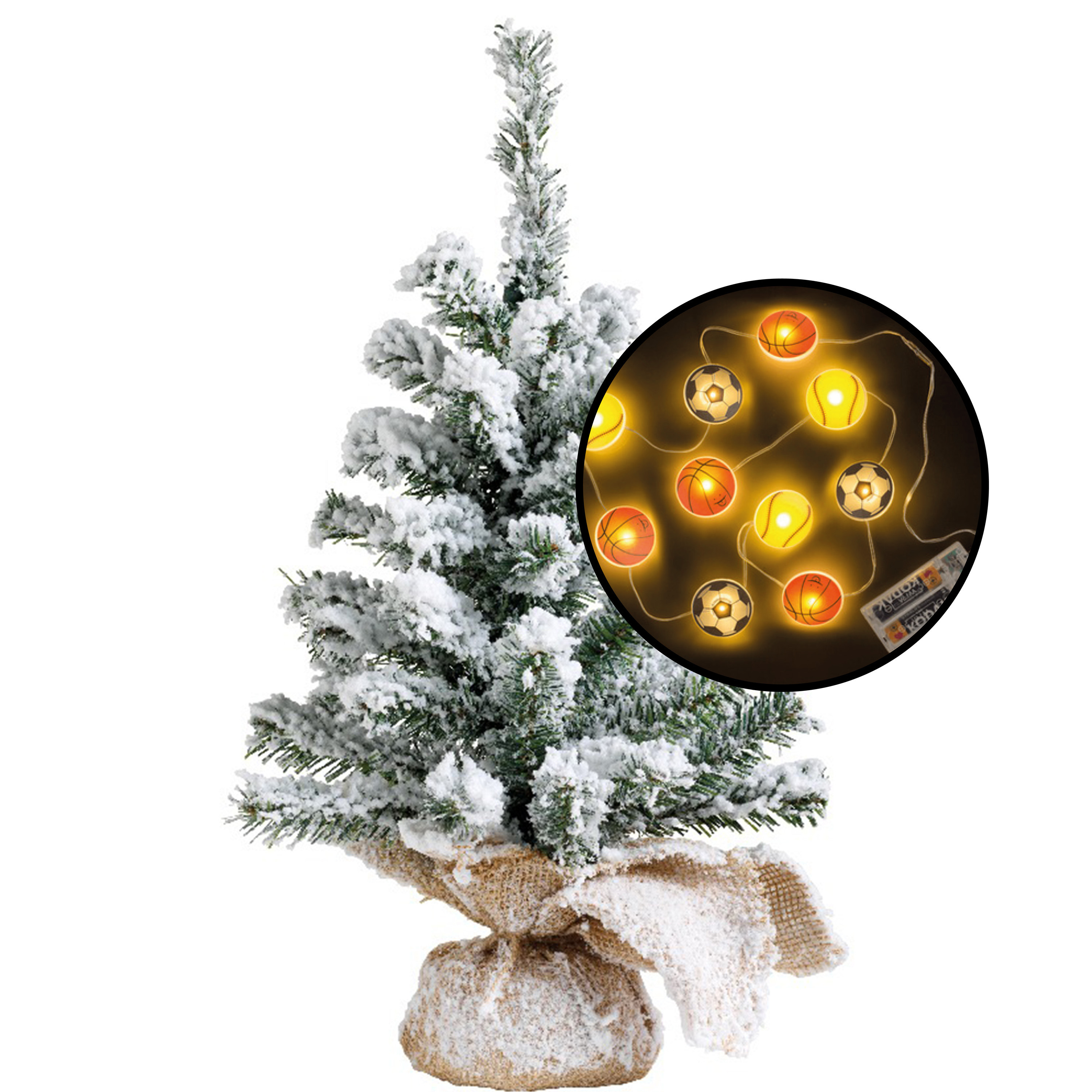 Kleine kunst kerstboom - besneeuwd - incl. sport thema lichtsnoer - H45 cm -
