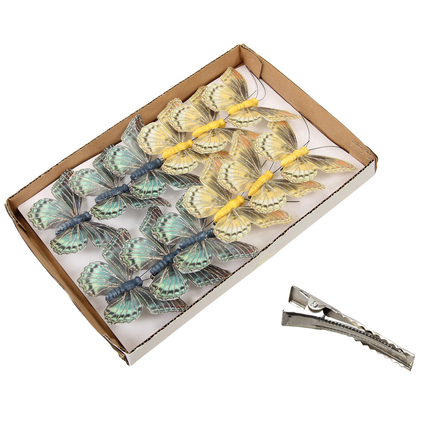 Kerstboom vlinders op clip - 12x stuks - groen en goud - 9 cm - kunststof -