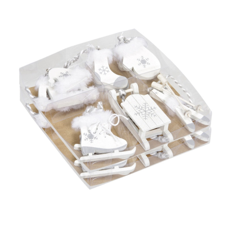 Kersthangers wintersport thema - 12x stuks - wit - hout - 8 cm -