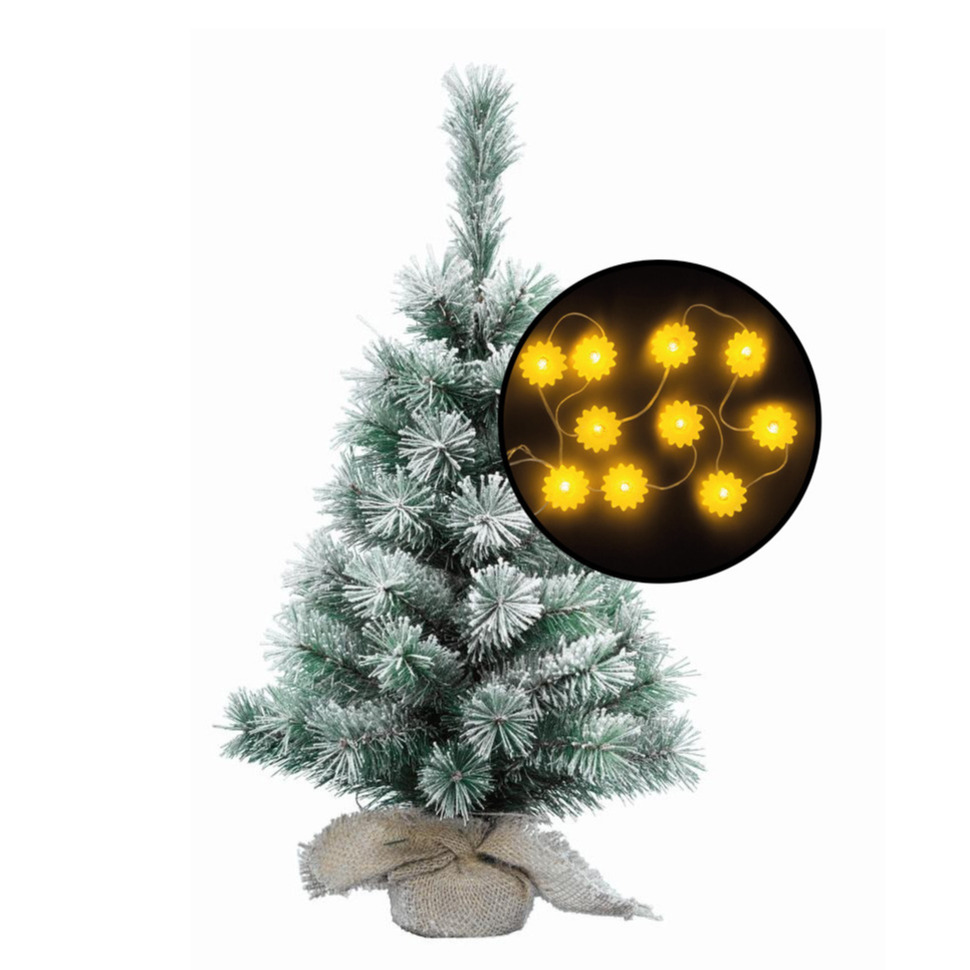 Kleine kunst kerstboom besneeuwd -incl. zonnebloemen lichtsnoer - H60 cm -
