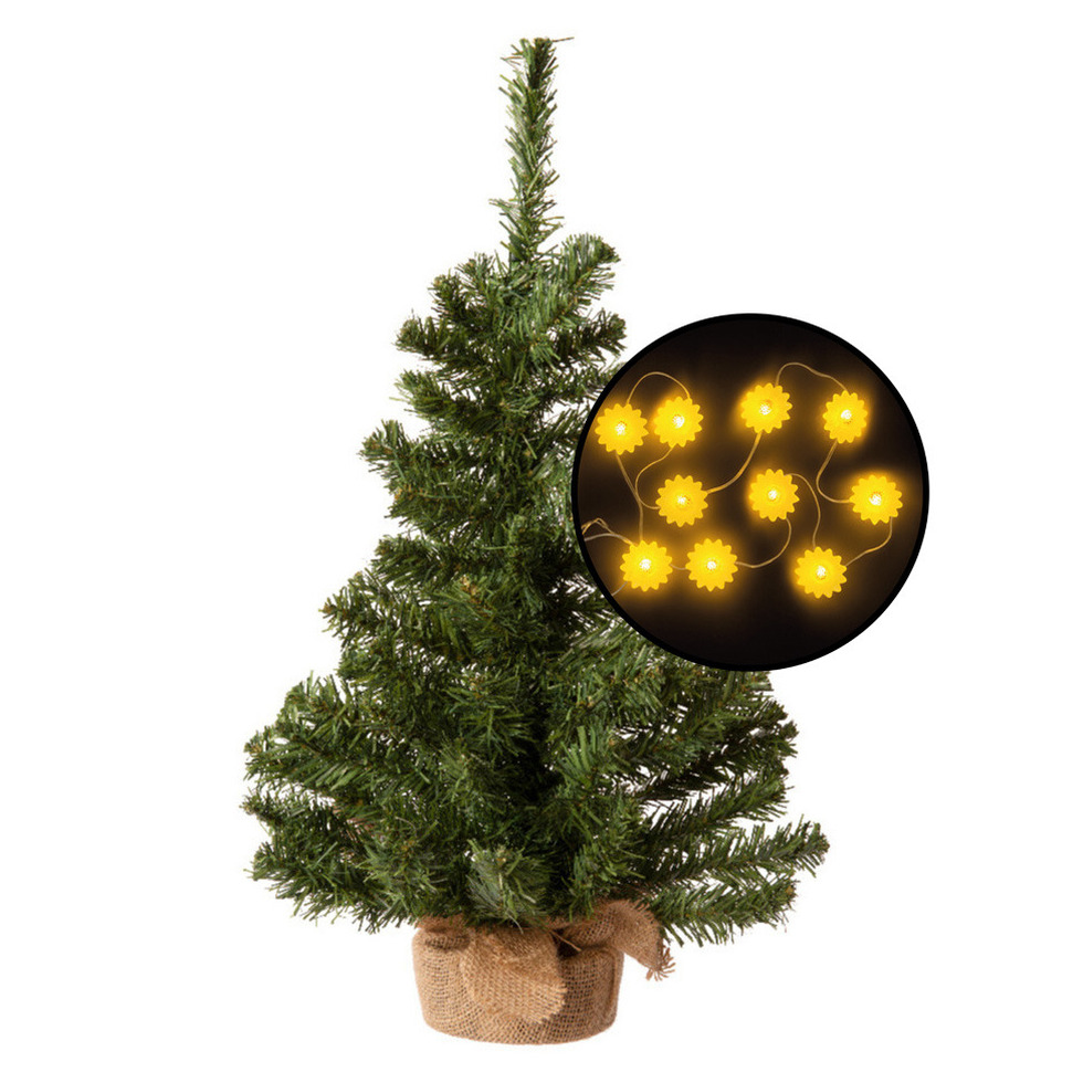 Kleine kunst kerstboom - groen -incl. zonnebloemen lichtsnoer - H60 cm -