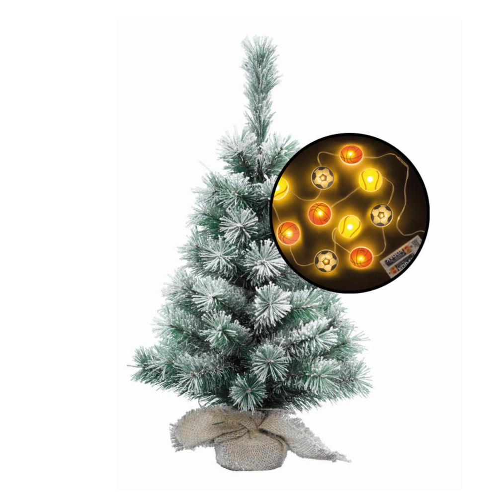 Kleine kunst kerstboom besneeuwd -incl. sport thema lichtsnoer - H60 cm -