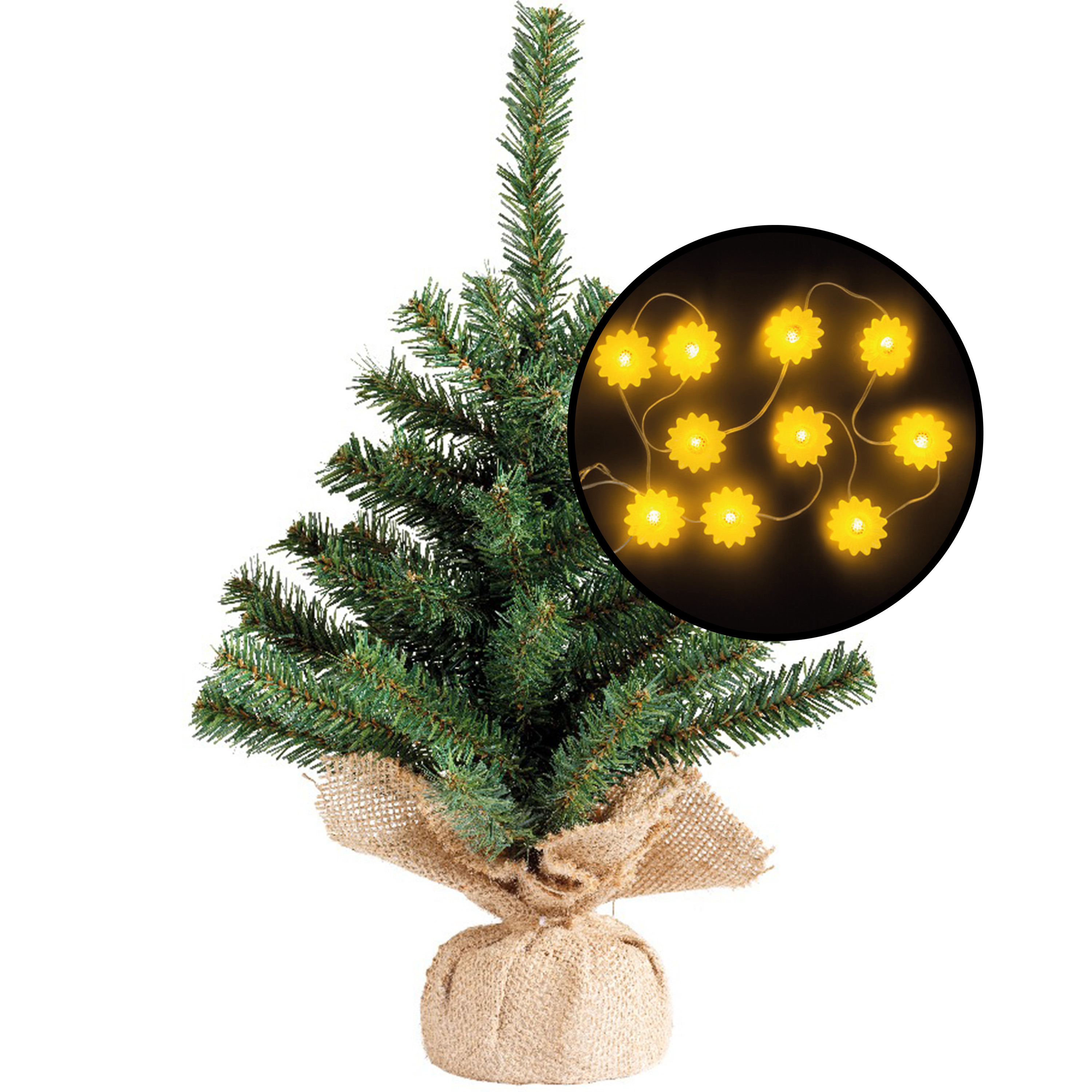Kleine kunst kerstboom -groen -incl. zonnebloemen lichtsnoer - H45 cm -