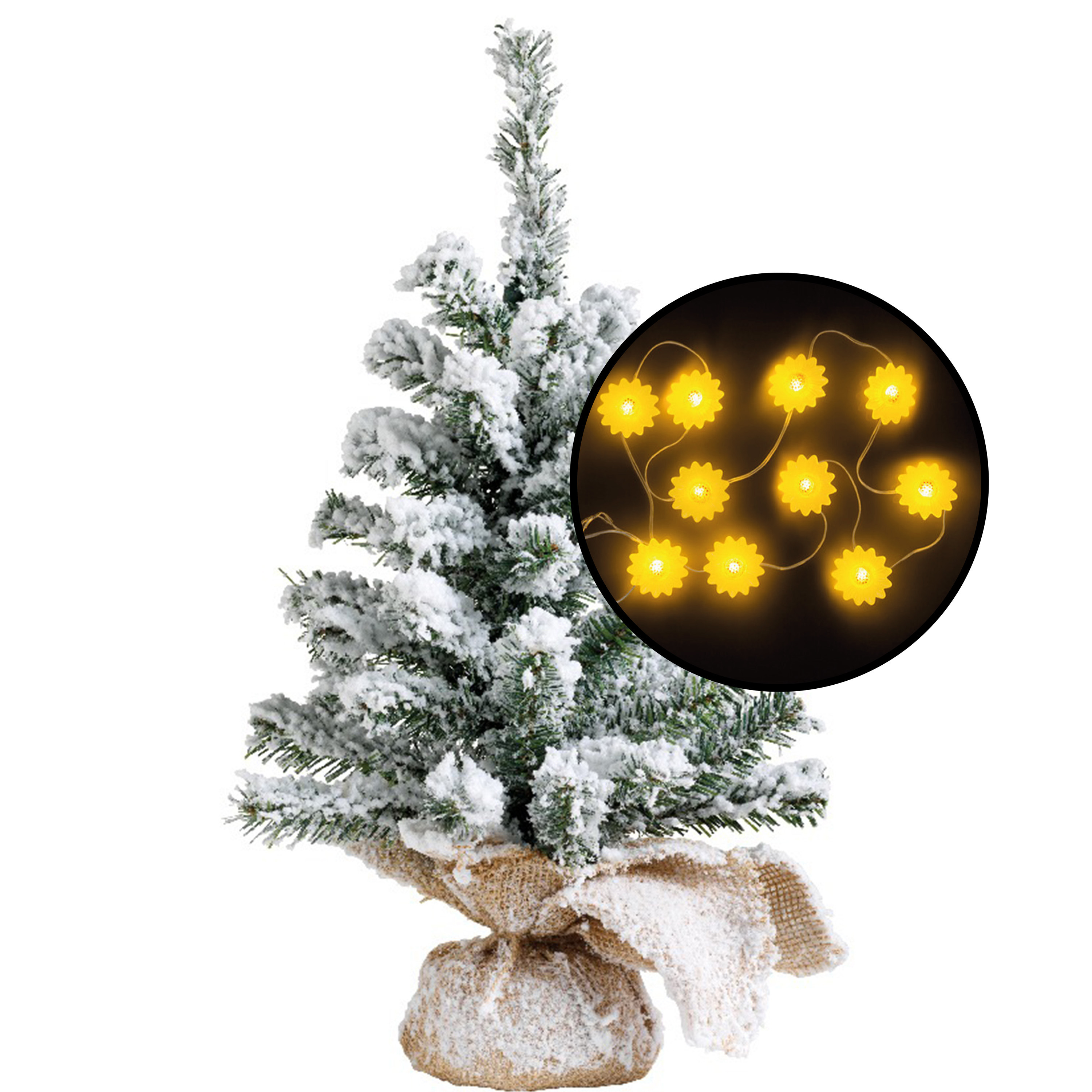 Kleine kunst kerstboom - besneeuwd - incl. zonnebloemen lichtsnoer - H45 cm -