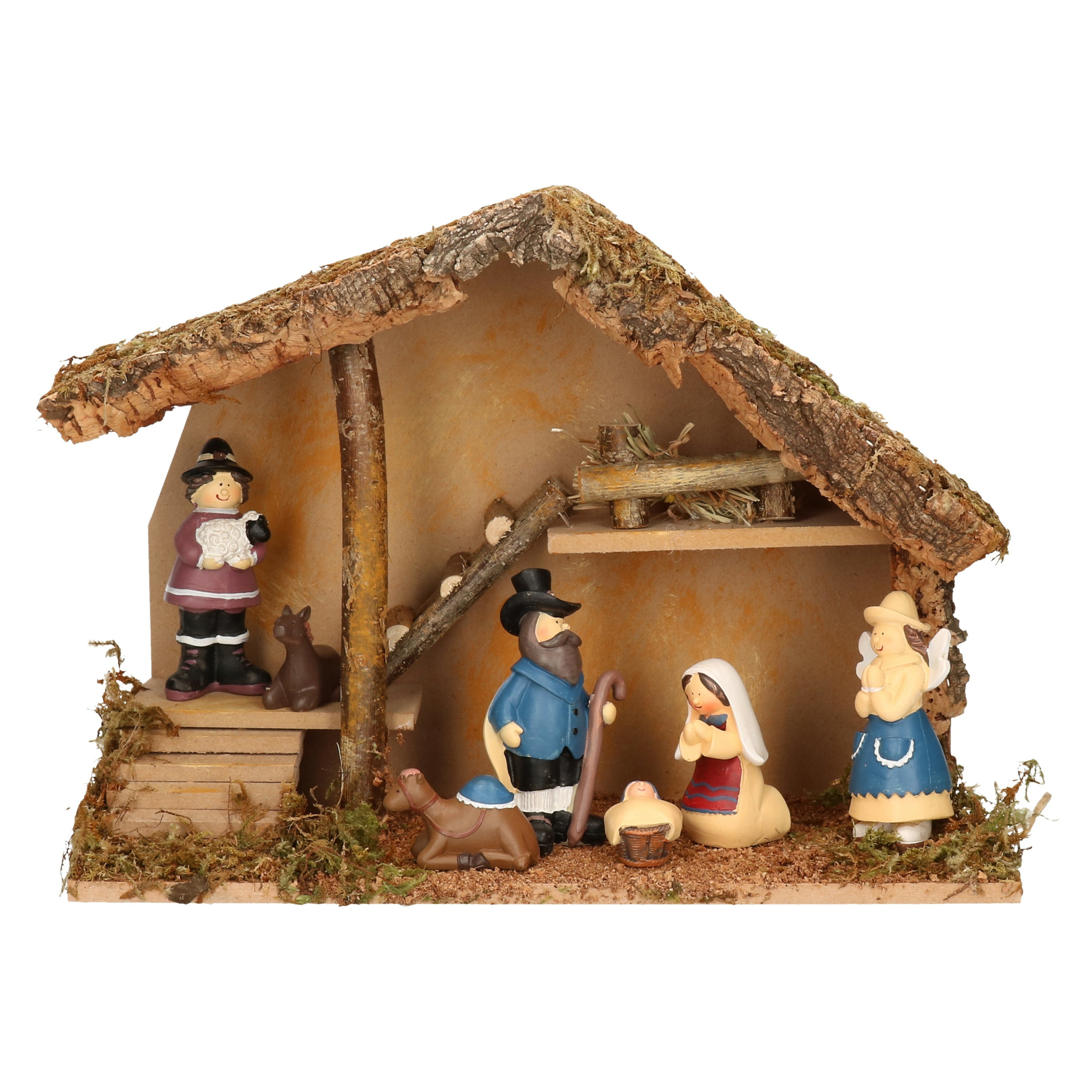 Complete kinder kerststal met 7x st kerststal beelden - 39 x 19 x 28 cm -