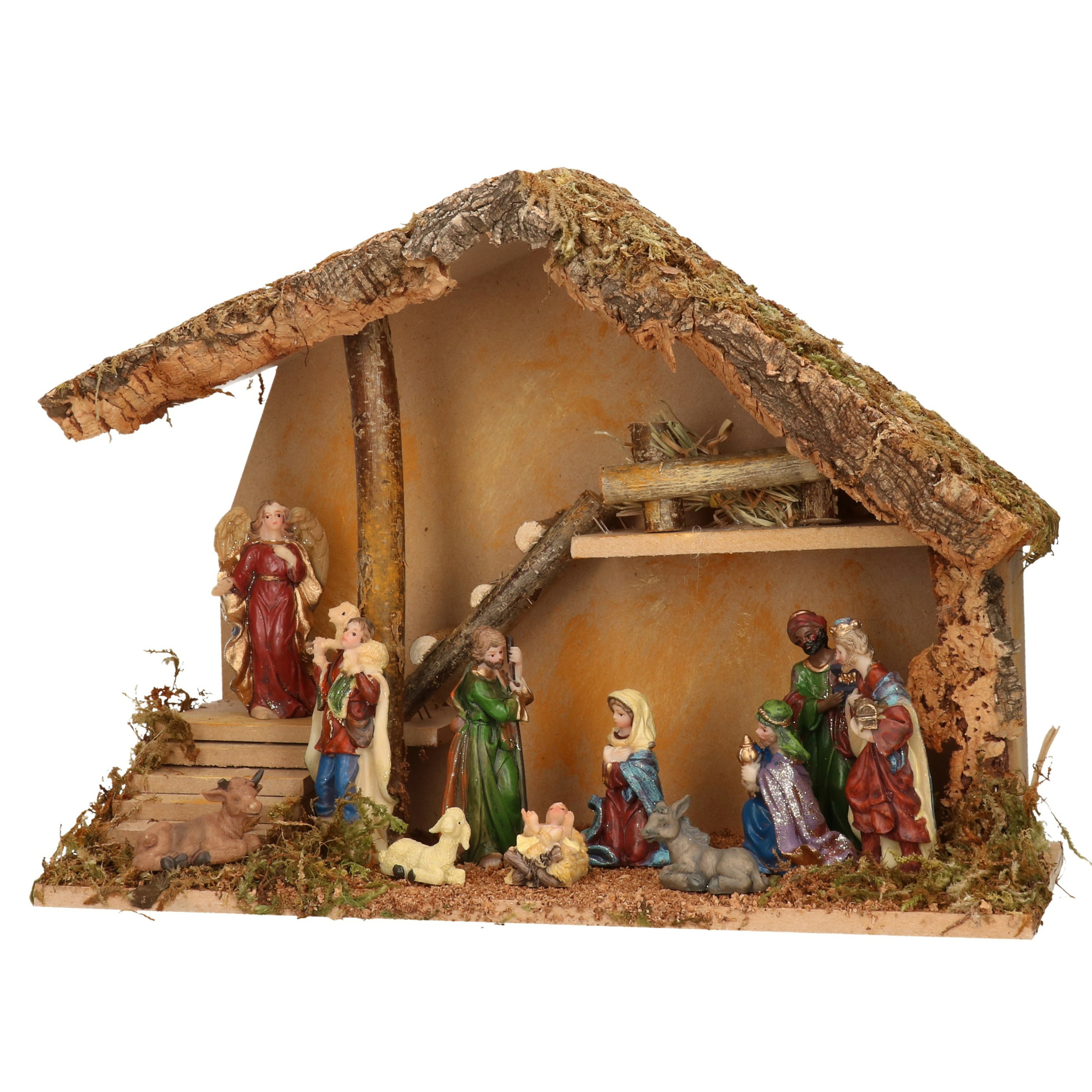 Complete kerststal met kerststal beelden - 39 x 19 x 28 cm - hout/mos/polyresin -