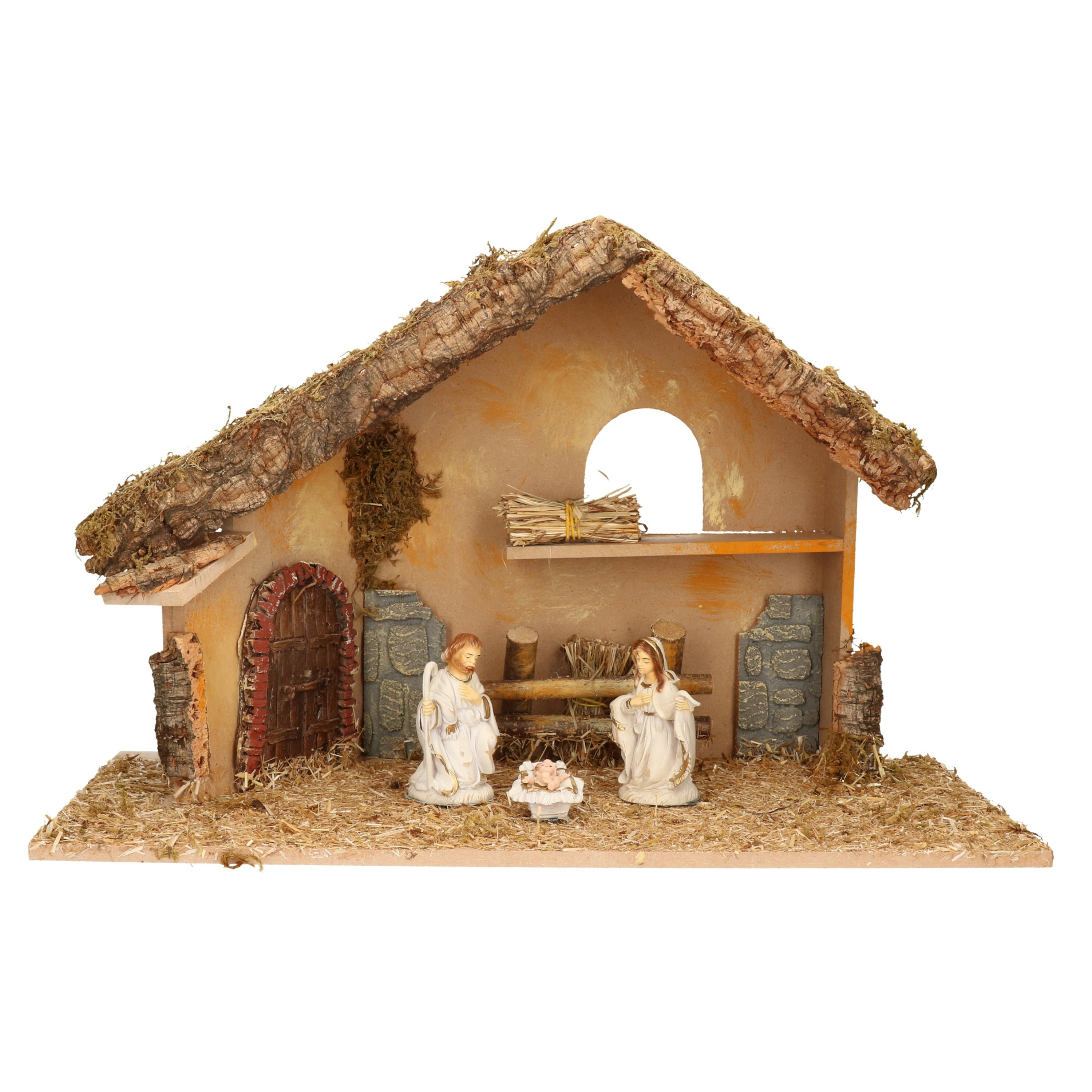 Complete kerststal met 3x st kerststal beelden - 50 x 23 x 31 cm - hout/polyresin -