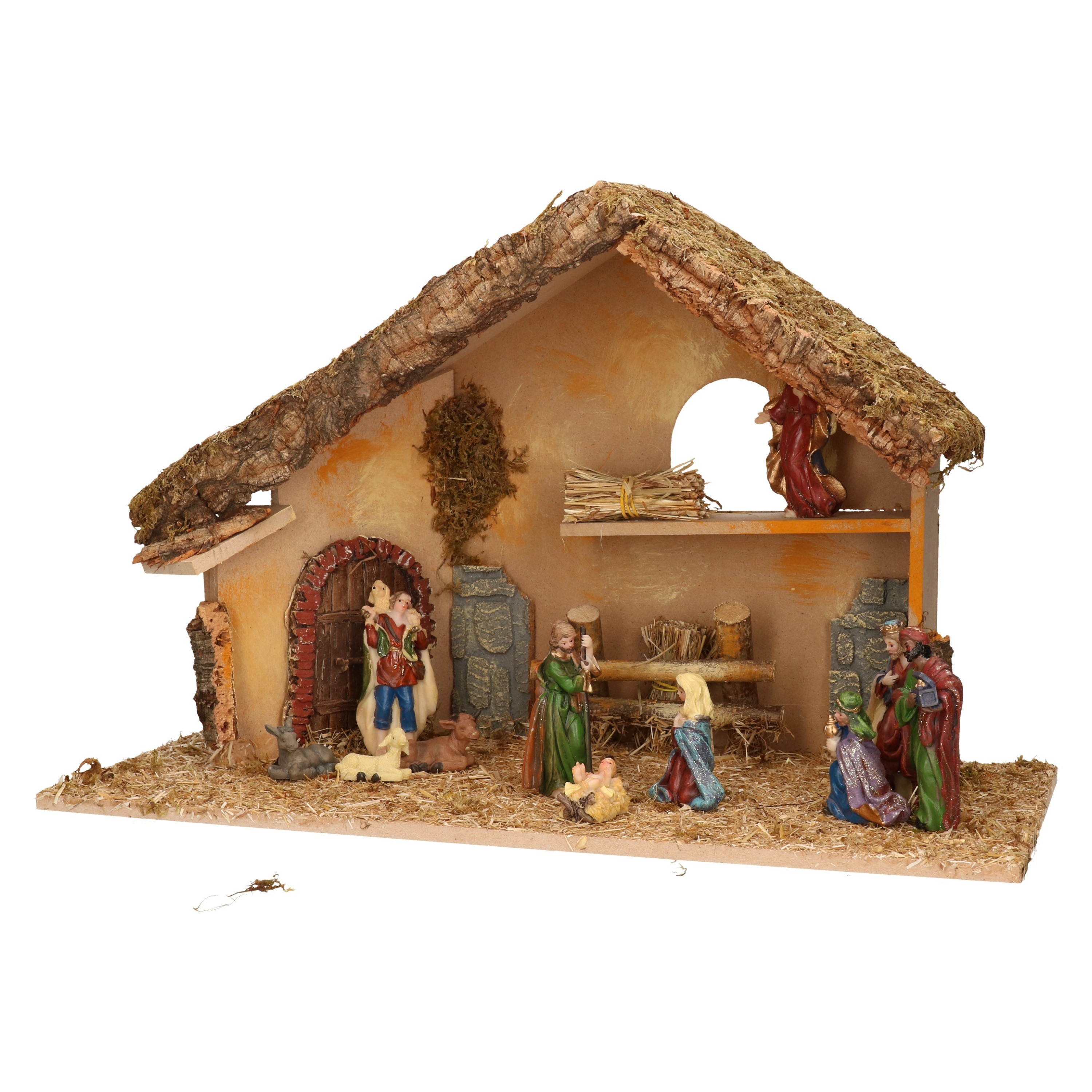 Complete kerststal met kerststal beelden - 50 x 23 x 31 cm - hout/mos/polyresin -