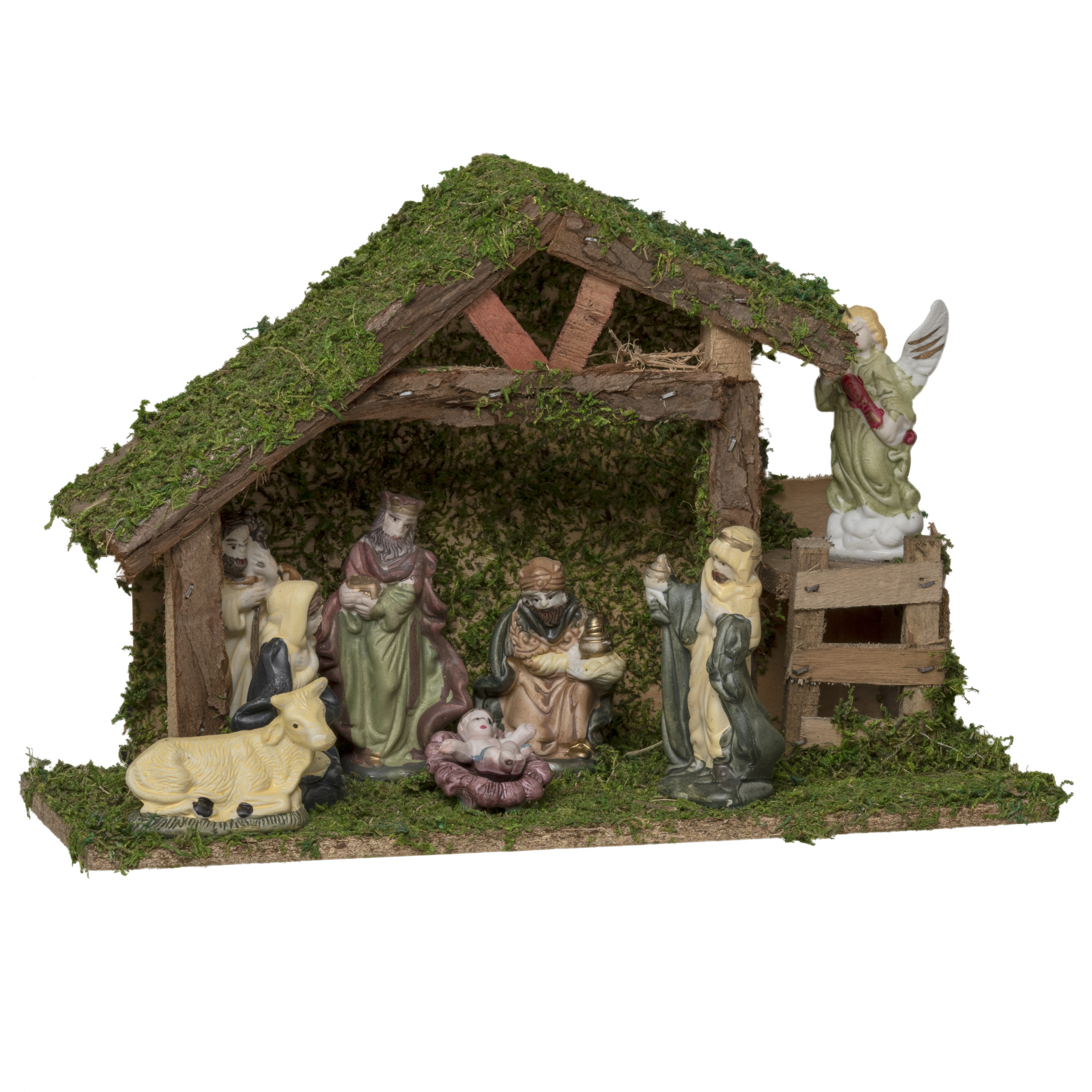 Complete kerststal - met 8x stuks beelden - 20,5 x 12,5 x 31,5 cm -