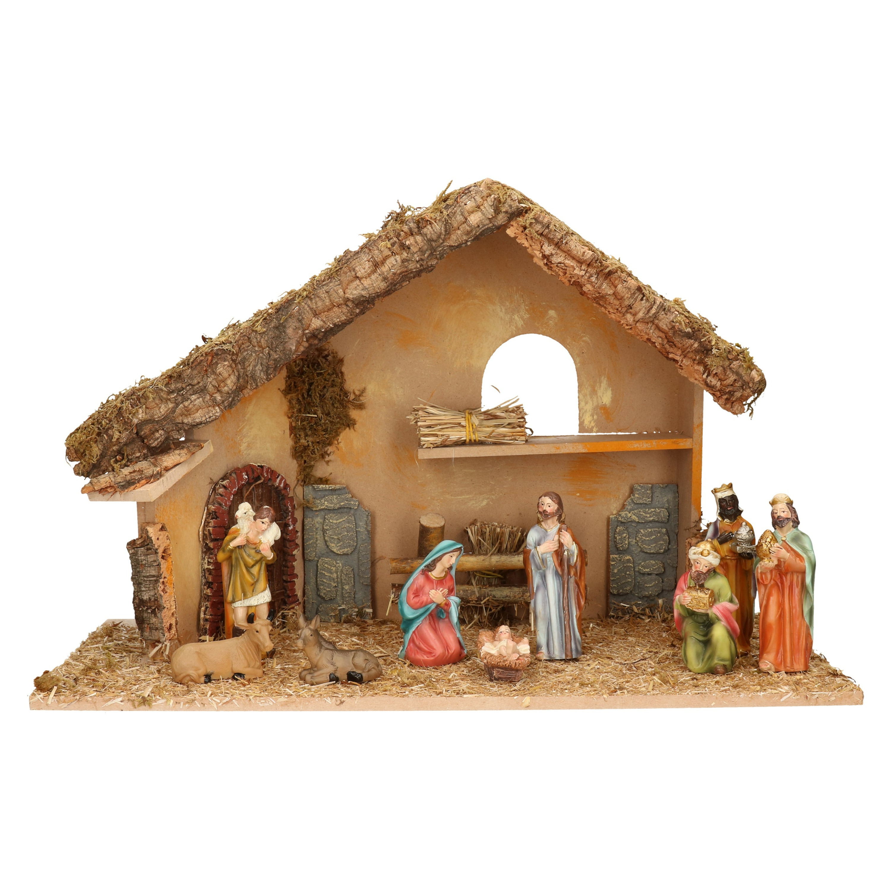 Complete kerststal met 9x st kerststal beelden - 50 x 23 x 31 cm - hout/polyresin -