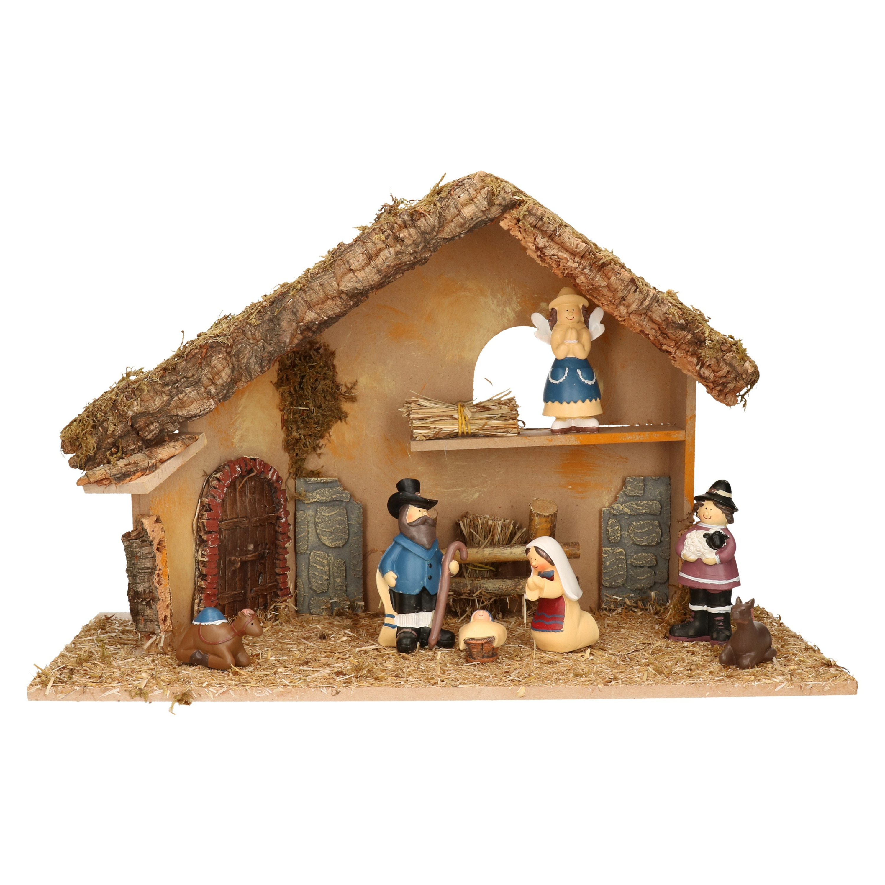 Complete kinder kerststal met 7x st kerststal beeldjes - 50 x 23 x 31 cm - hout/polyresin -