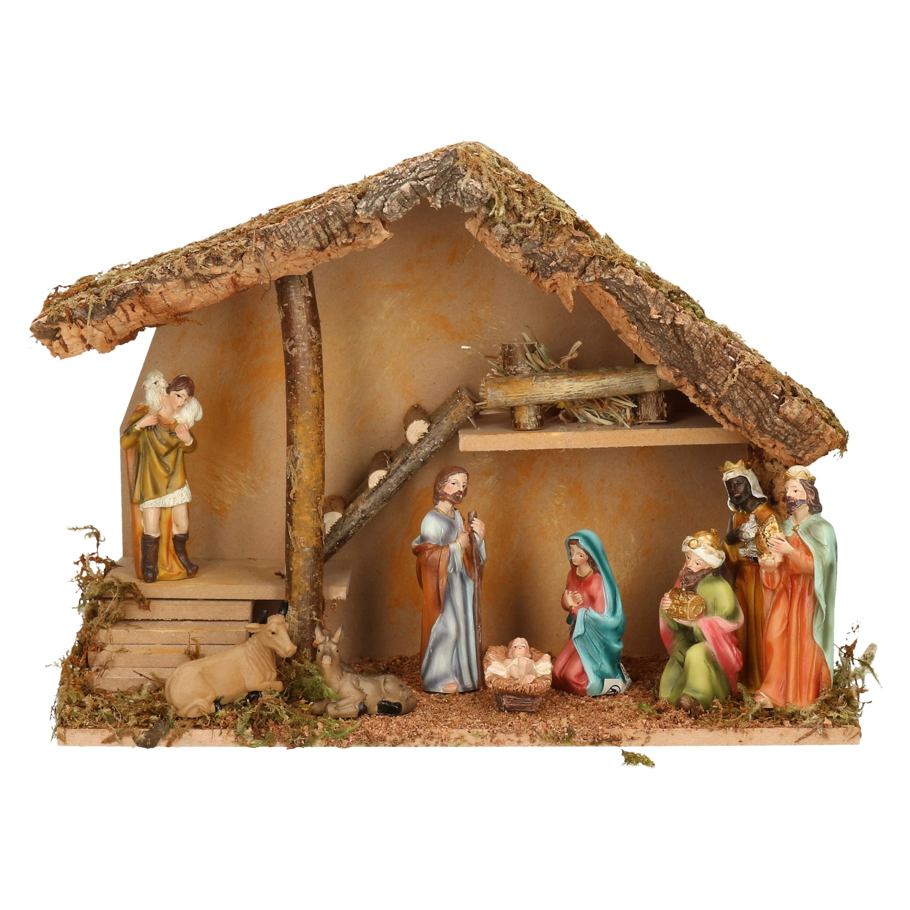 Complete kerststal met 9x st kerststal beelden - 39 x 19 x 28 cm - hout/polyresin -