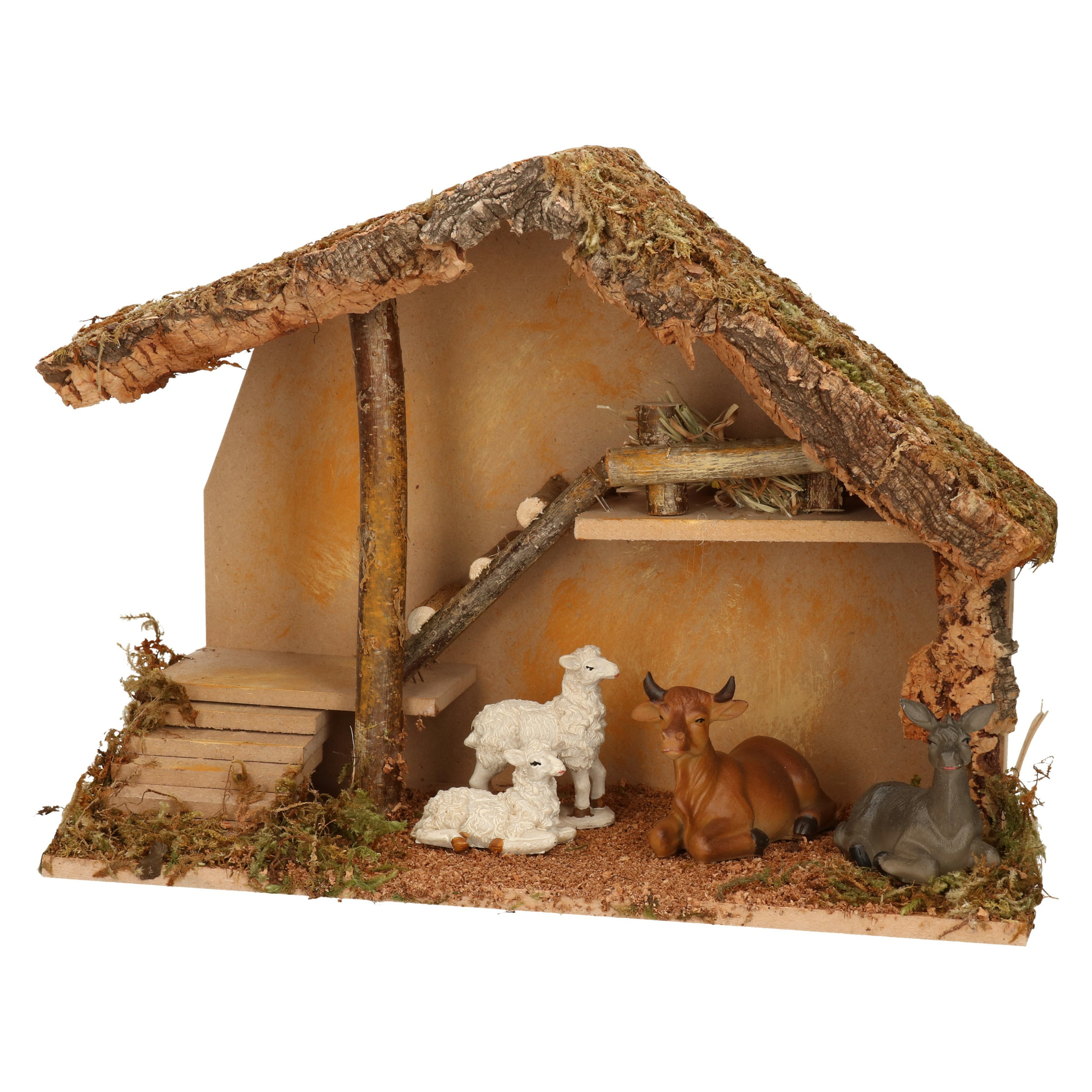 Complete kerststal met dieren beeldjes - 50 x 23 x 31 cm - hout/mos/polyresin -