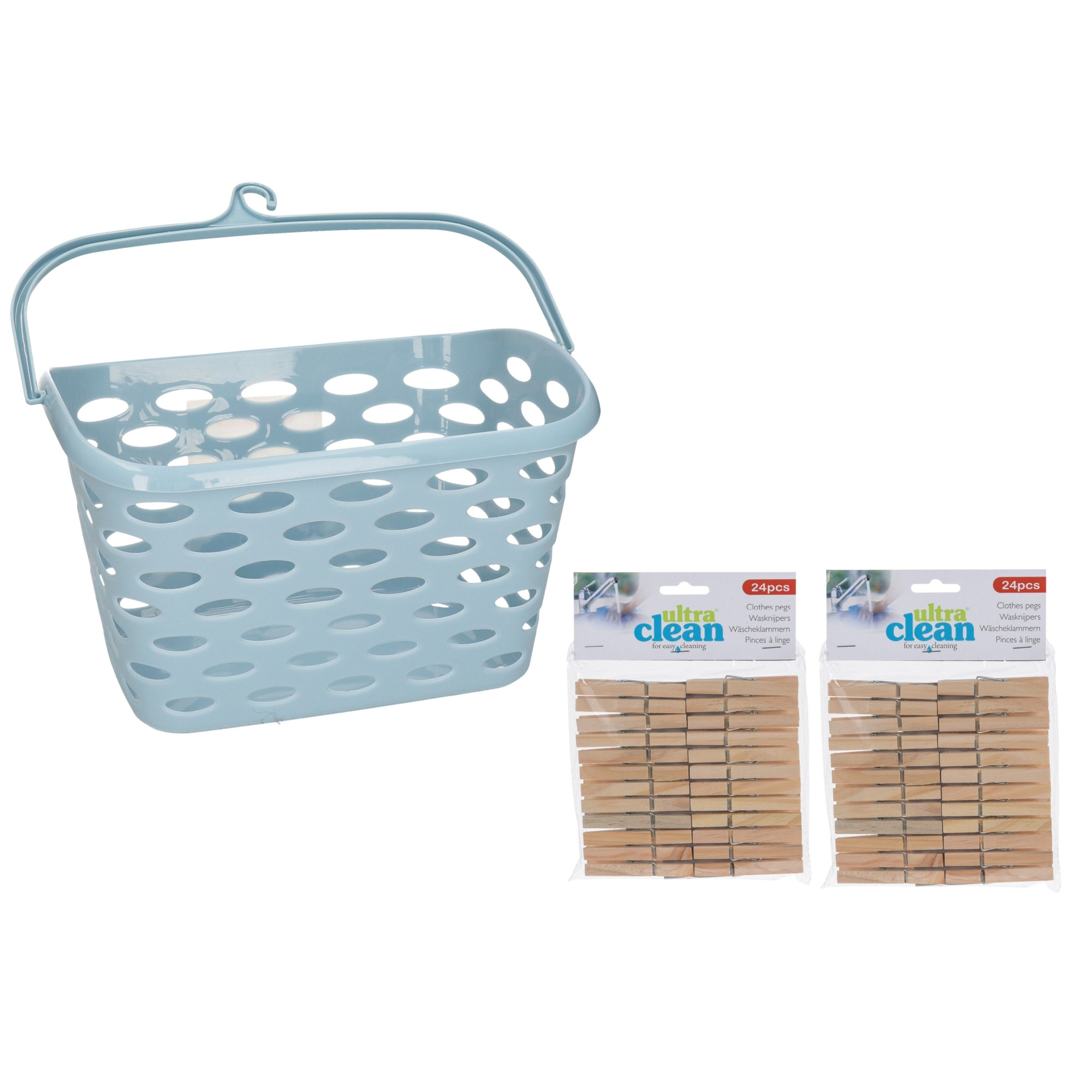 Wasknijpers ophangmandje met haak - ijsblauw - en 48x houten wasknijpers van 7 cm -