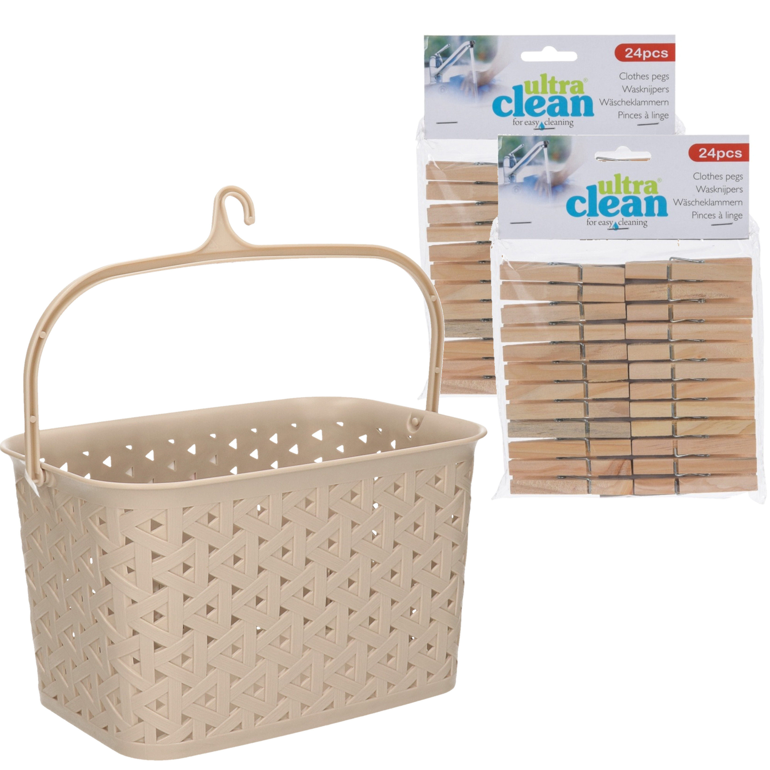 Wasknijpers ophangmandje met haak - beige - en 48x houten wasknijpers van 7 cm -