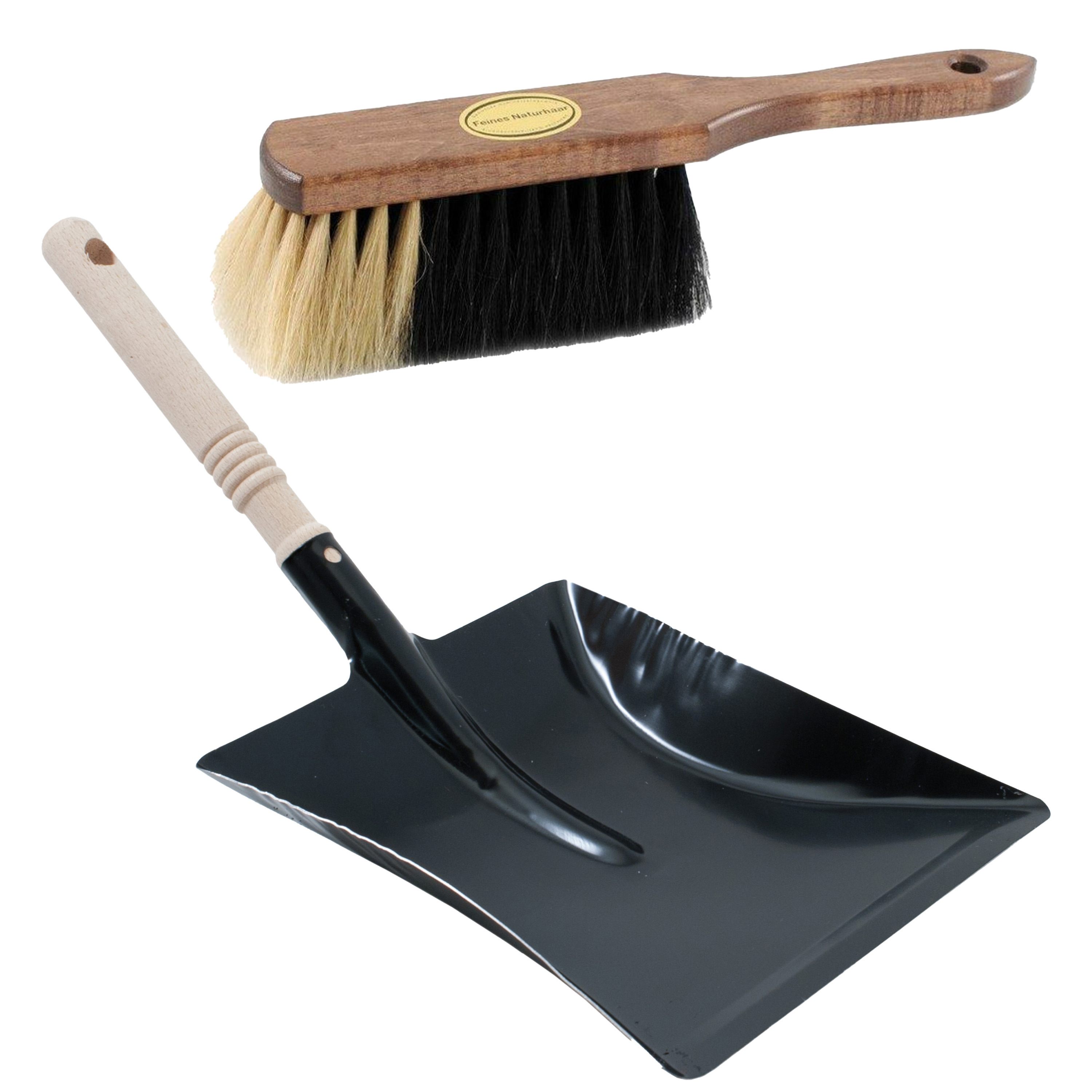 stoffer/handveger - zacht paardenhaar - zwart metalen stofblik - houten handvat -
