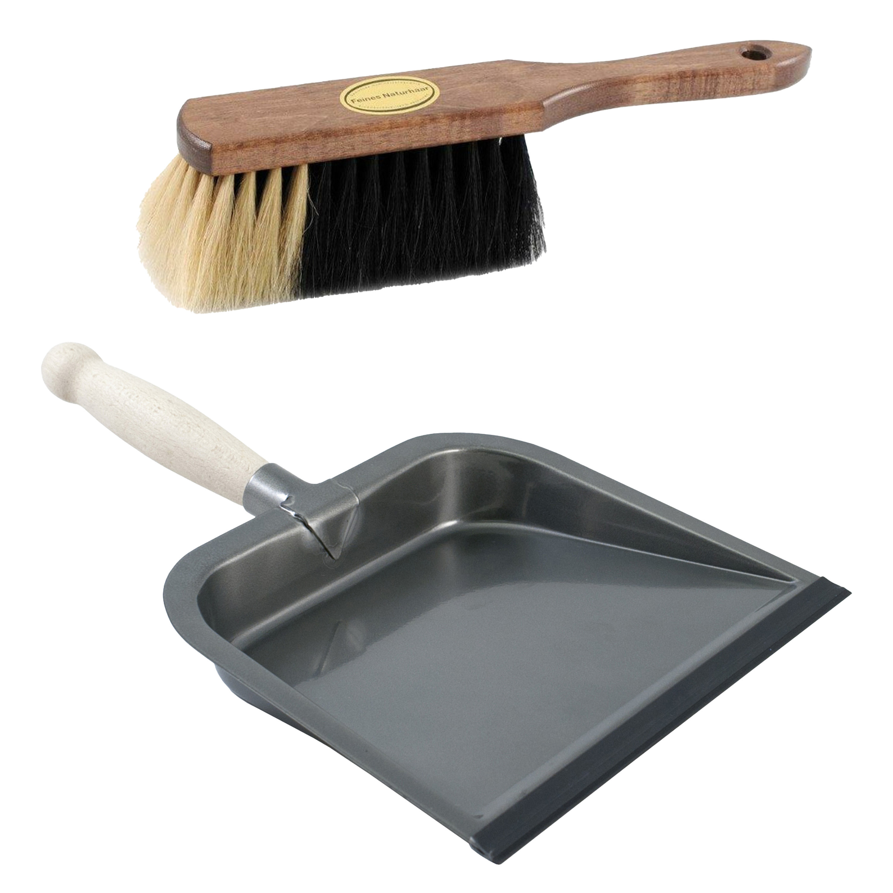 stoffer/handveger - zacht paardenhaar - zilver metalen stofblik - met houten handvat -