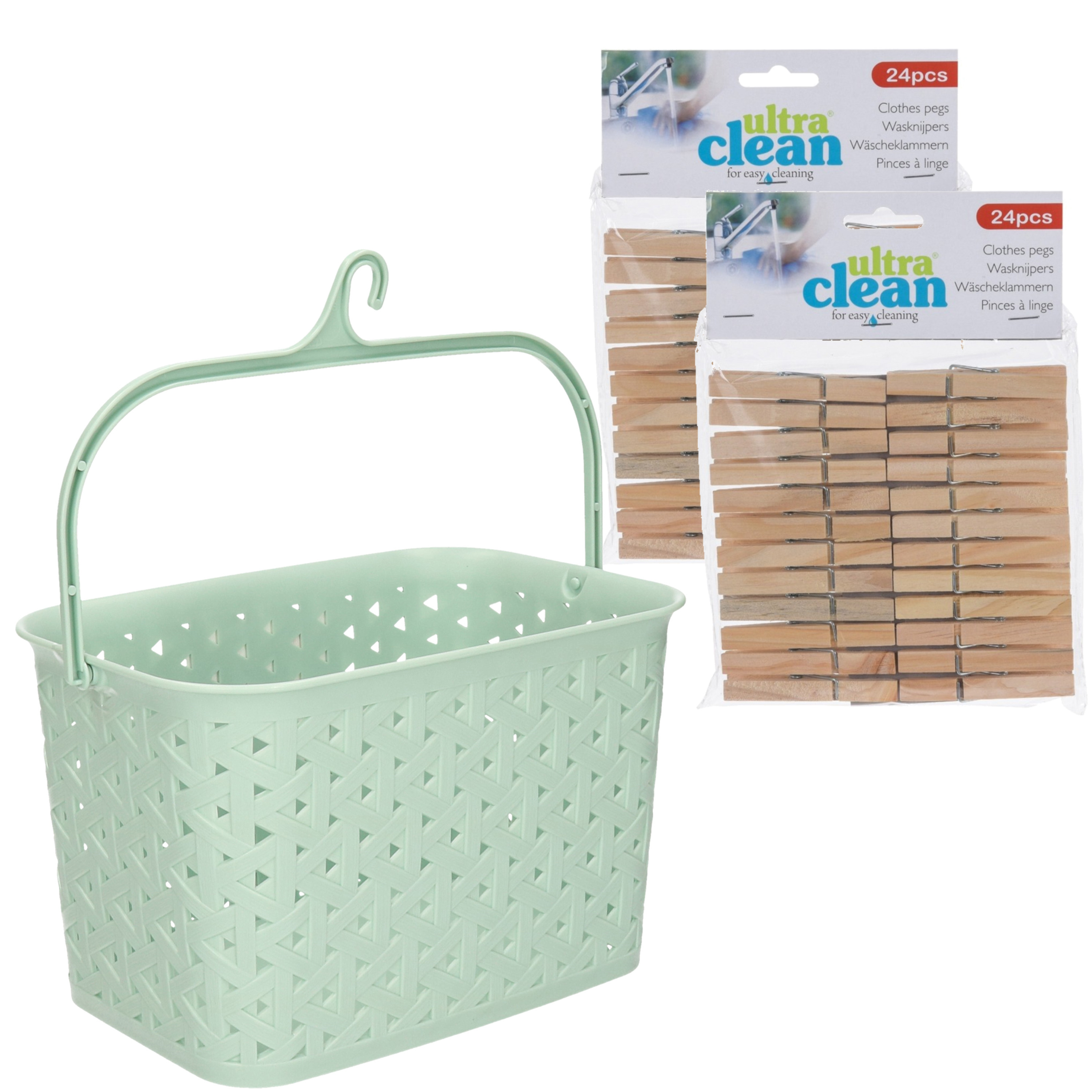 Wasknijpers ophangmandje met haak - mintgroen - en 48x houten wasknijpers van 7 cm -