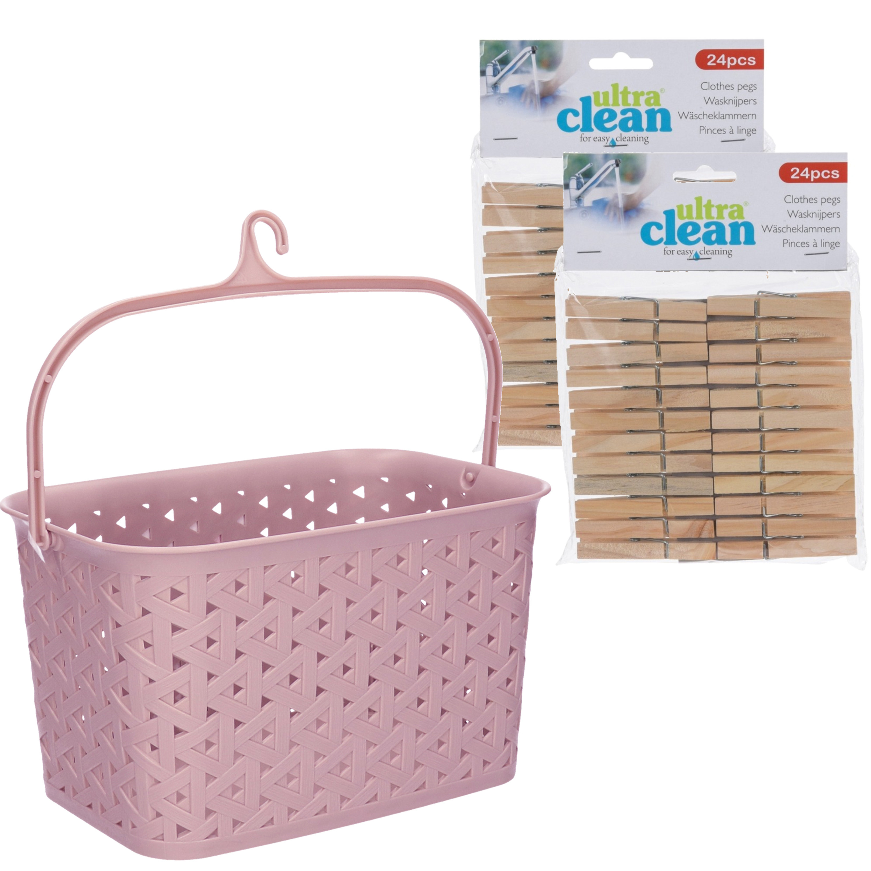 Wasknijpers ophangmandje met haak - roze - en 48x houten wasknijpers van 7 cm -