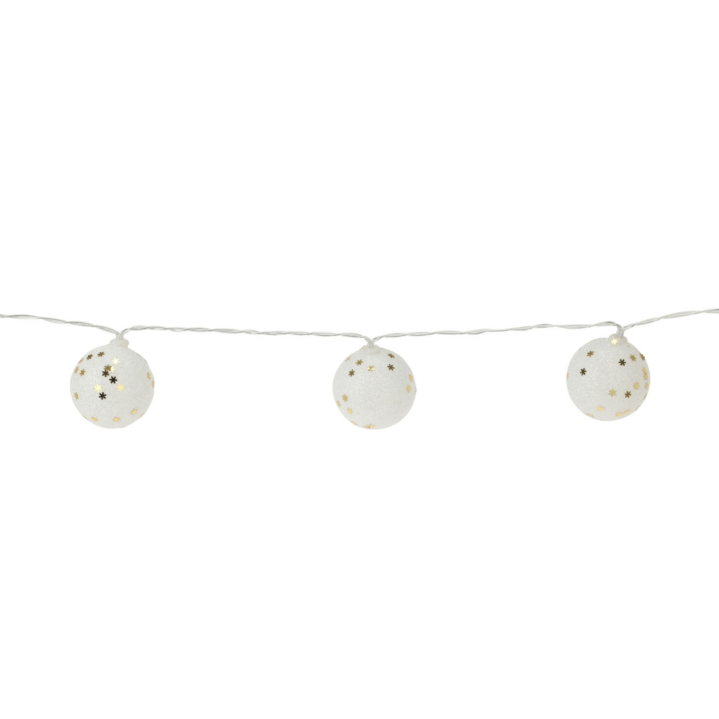 Lichtsnoer 10 bolletjes D5 cm - wit glitters - 150 cm -kunststof-batterij -