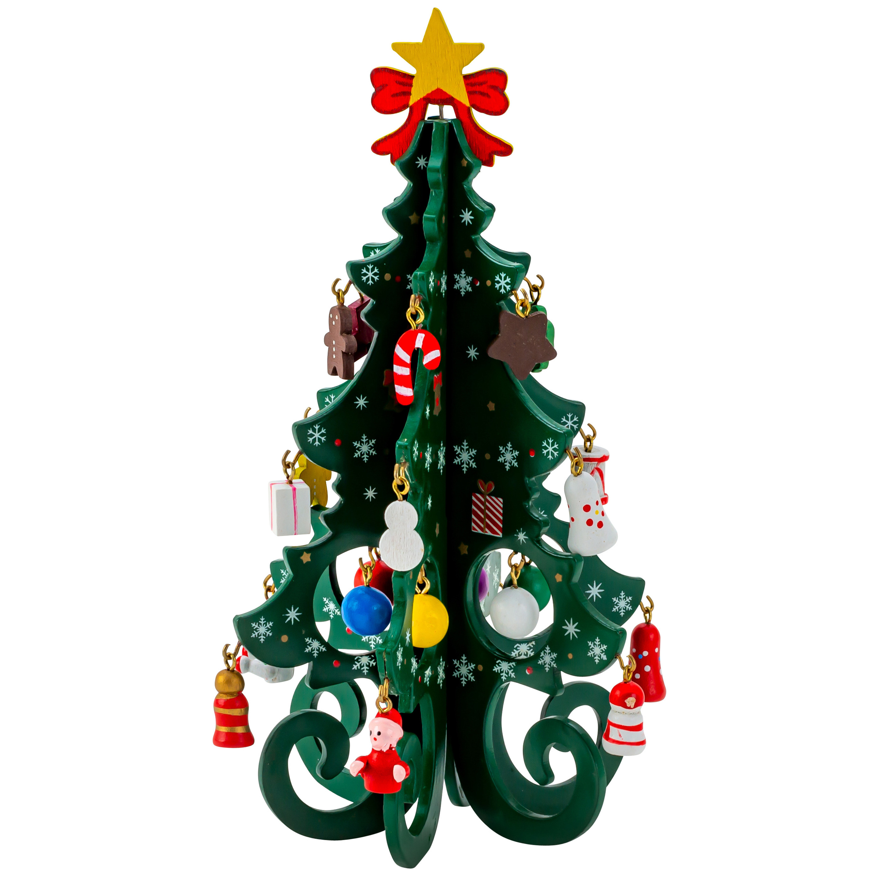 Mini kerstboompje - groen - met hangers - H19 cm - hout - kinderkamer -