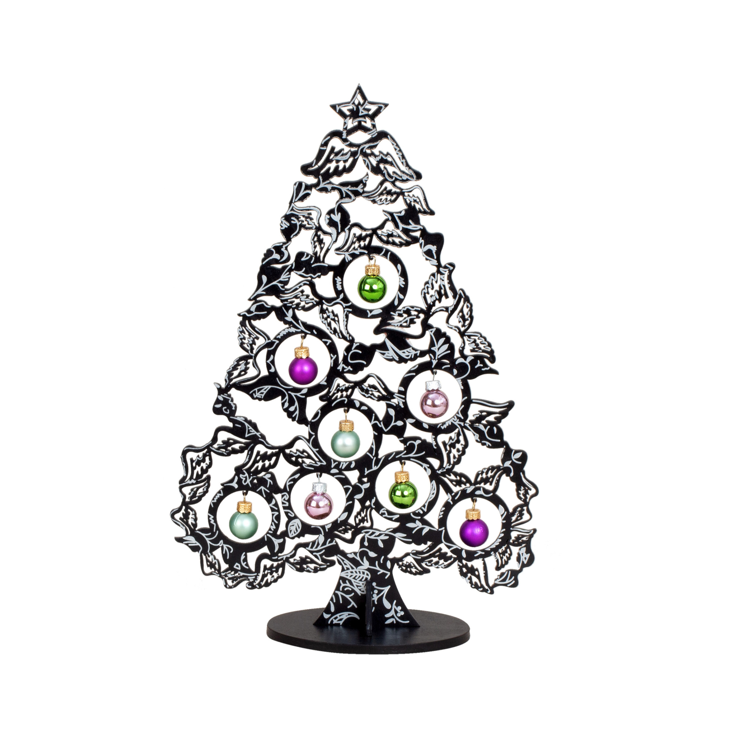 Klein decoratie kerstboompje - zwart - met kerstballen - H38,5 cm - hout -
