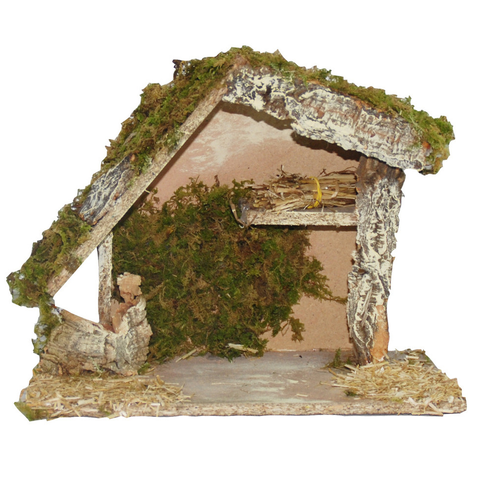 Lege kerststal - zonder figuren - L25 x B13 x H21 cm - hout/mos -