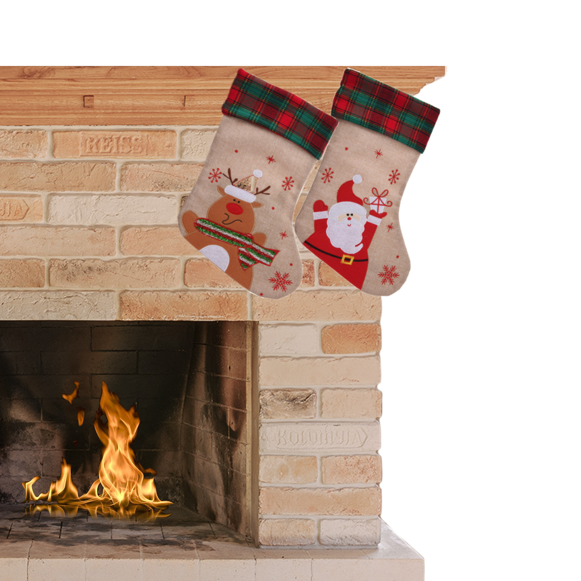 Decoratie kerstsokken - 2x stuks- rendier en kerstman - H42 cm -