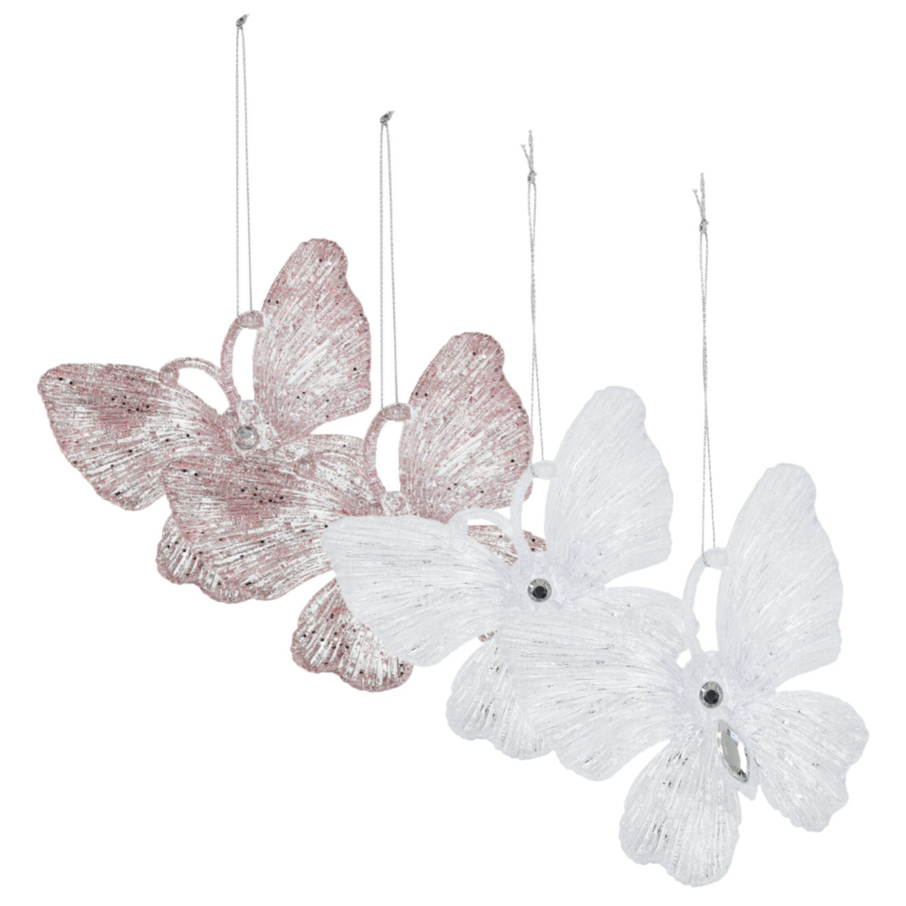 Kersthangers vlinders - 4x st - transparant met roze en wit - 15 cm - kunststof -