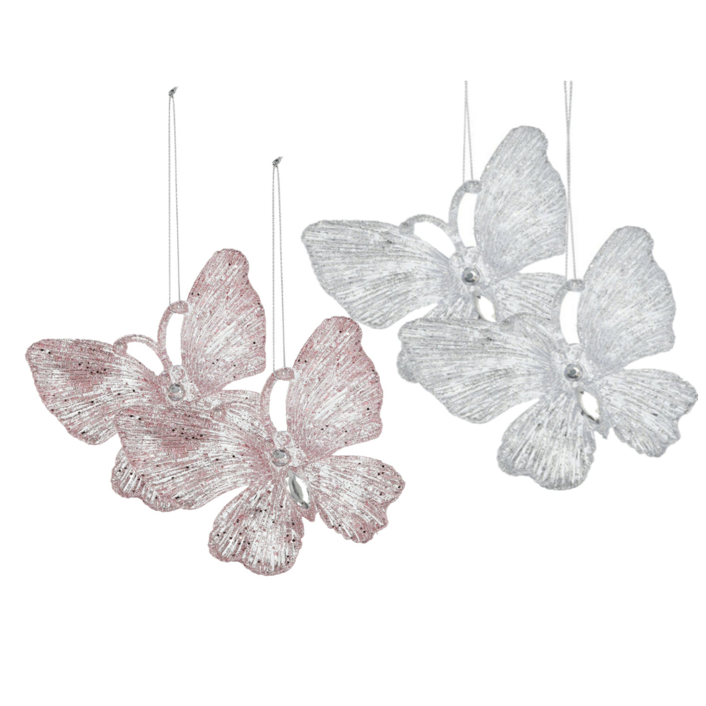 Kersthangers vlinders - 4x st - transparant en roze - 15 cm - kunststof -