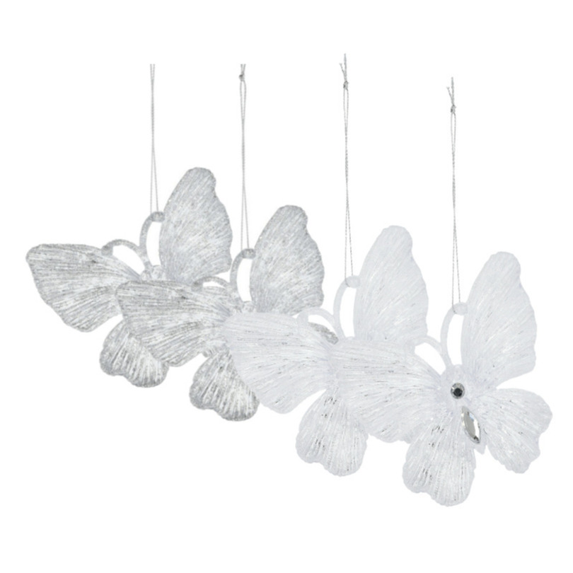 Kersthangers vlinders - 4x st - transparant en wit - 15 cm - kunststof -