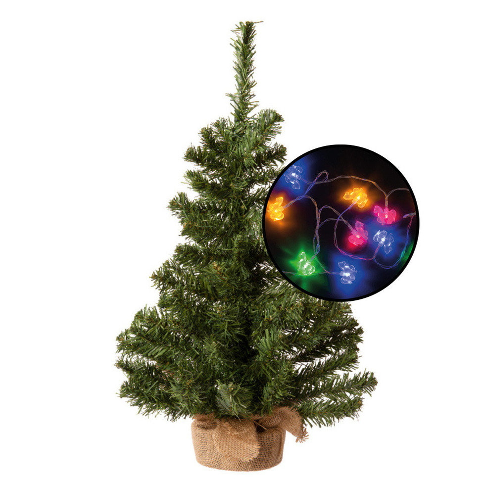 Kleine kunst kerstboom - groen - incl. paarden thema lichtsnoer gekleurd - H60 cm -