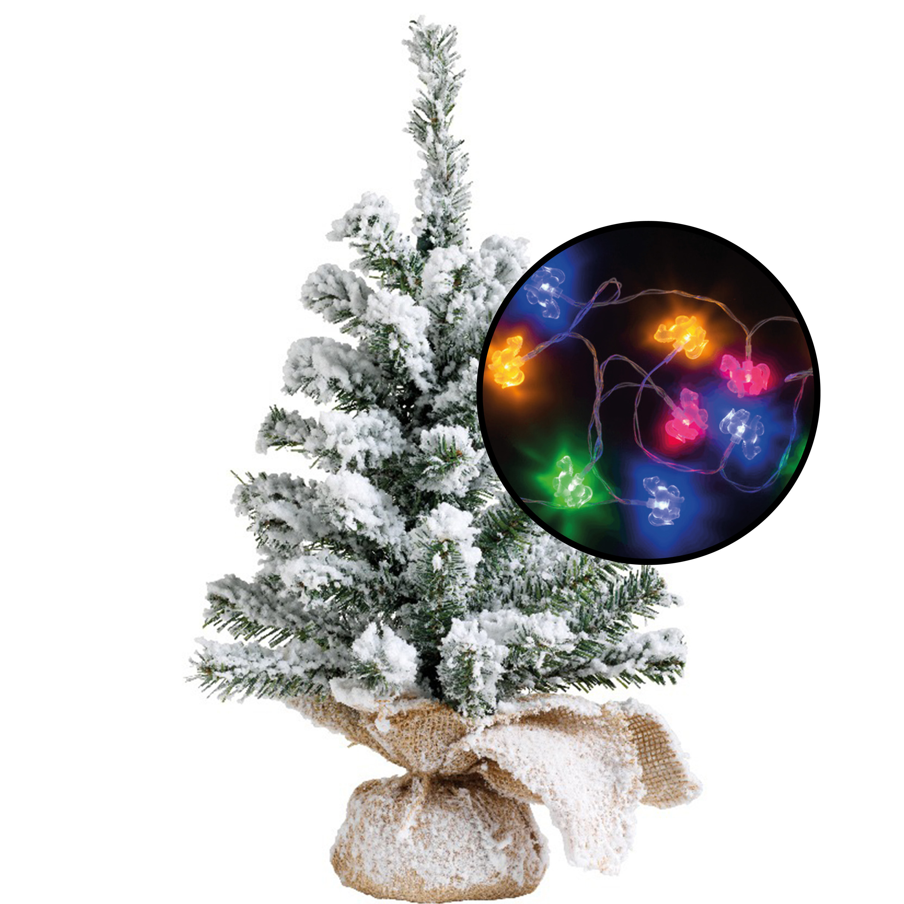 Kleine kunst kerstboom - besneeuwd - incl. paarden thema lichtsnoer gekleurd - H45 cm -