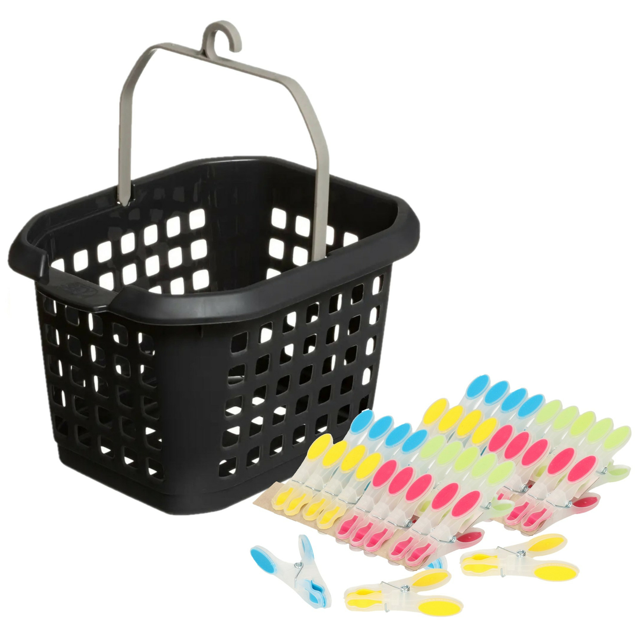 Wasknijpers ophang mandje/bakje - zwart - met 40x plastic soft grip knijpers -