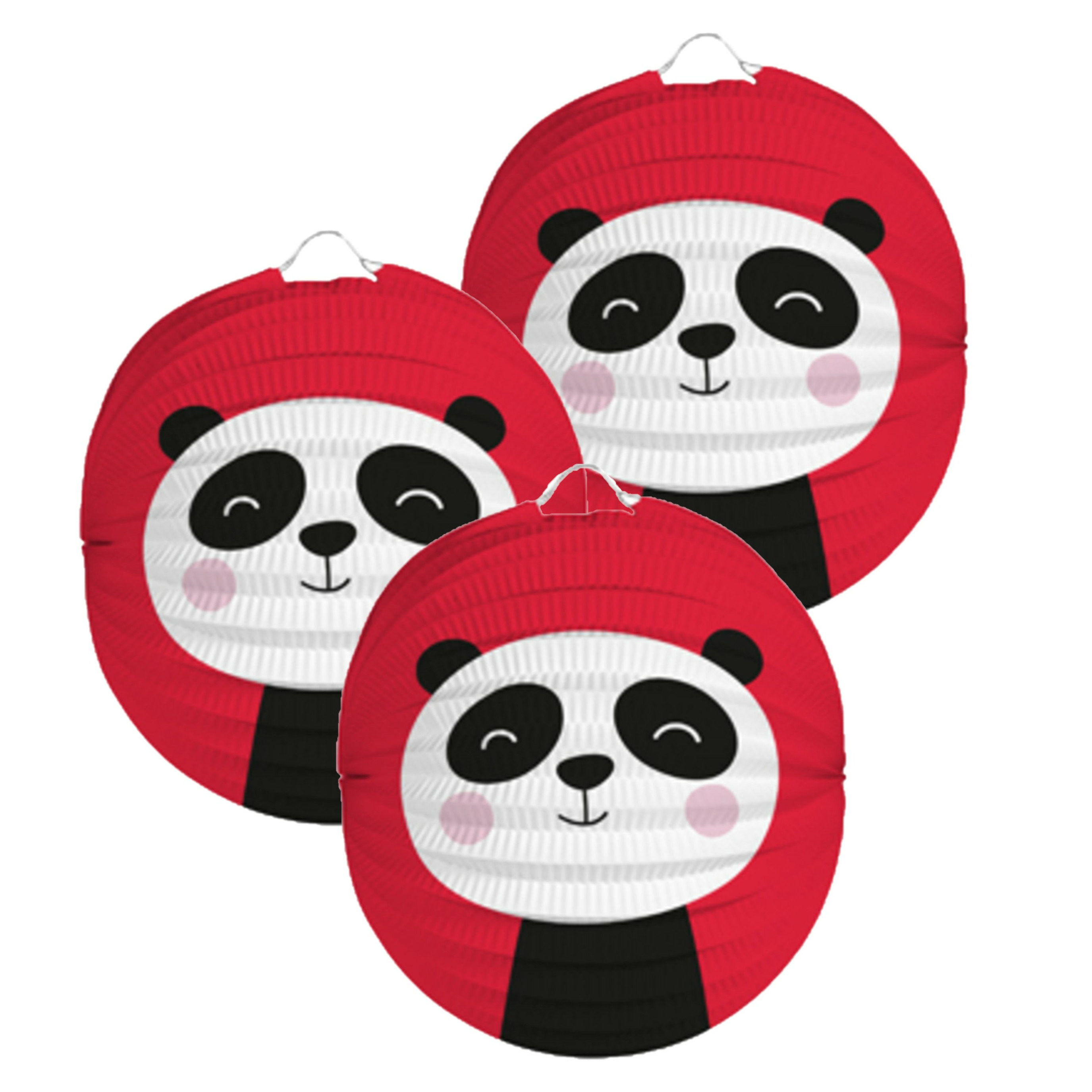 Lampion panda - 3x - 22 cm - rood - papier -