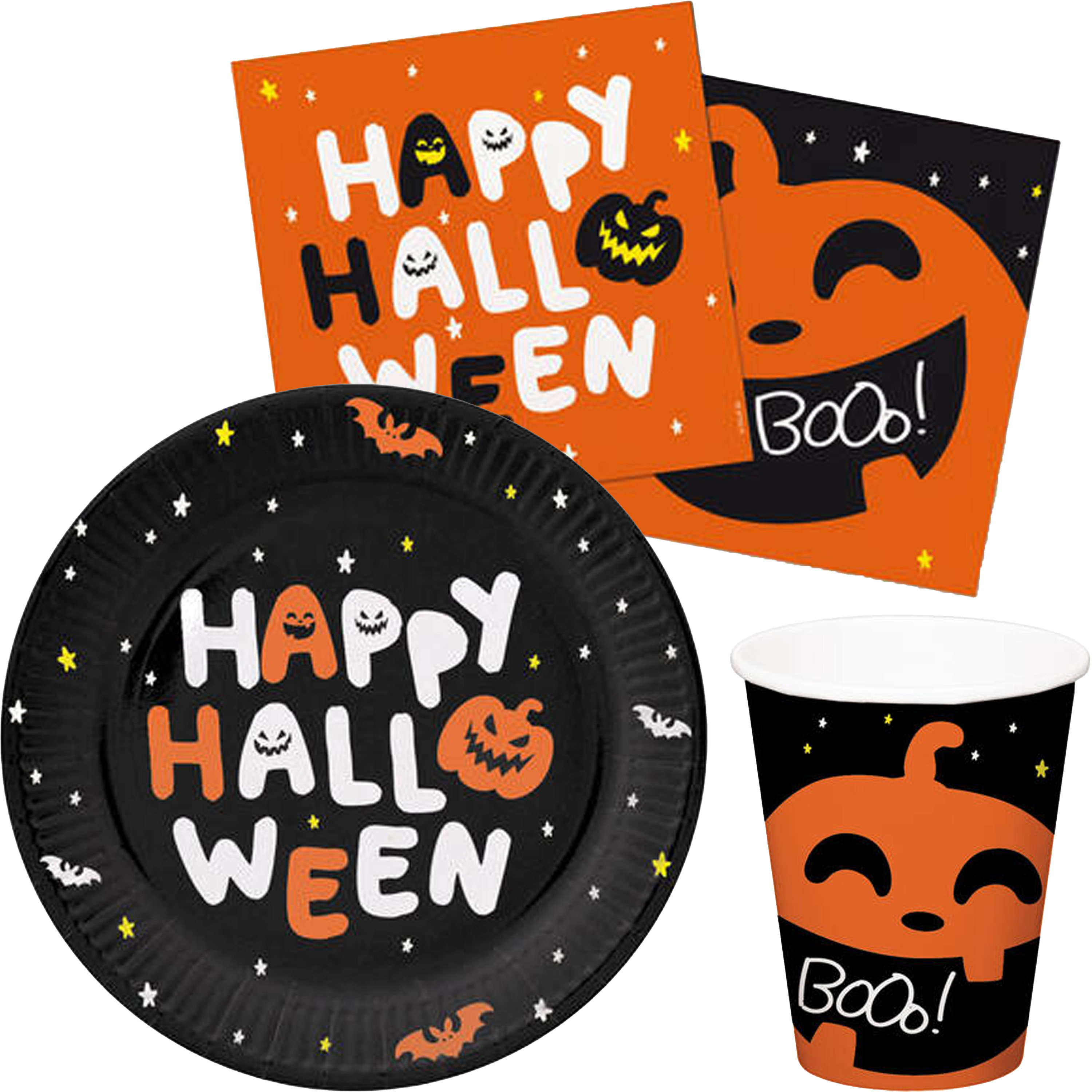 Halloween thema feest set bord/beker/servetten - 44x - pompoen BoOo print - papier -