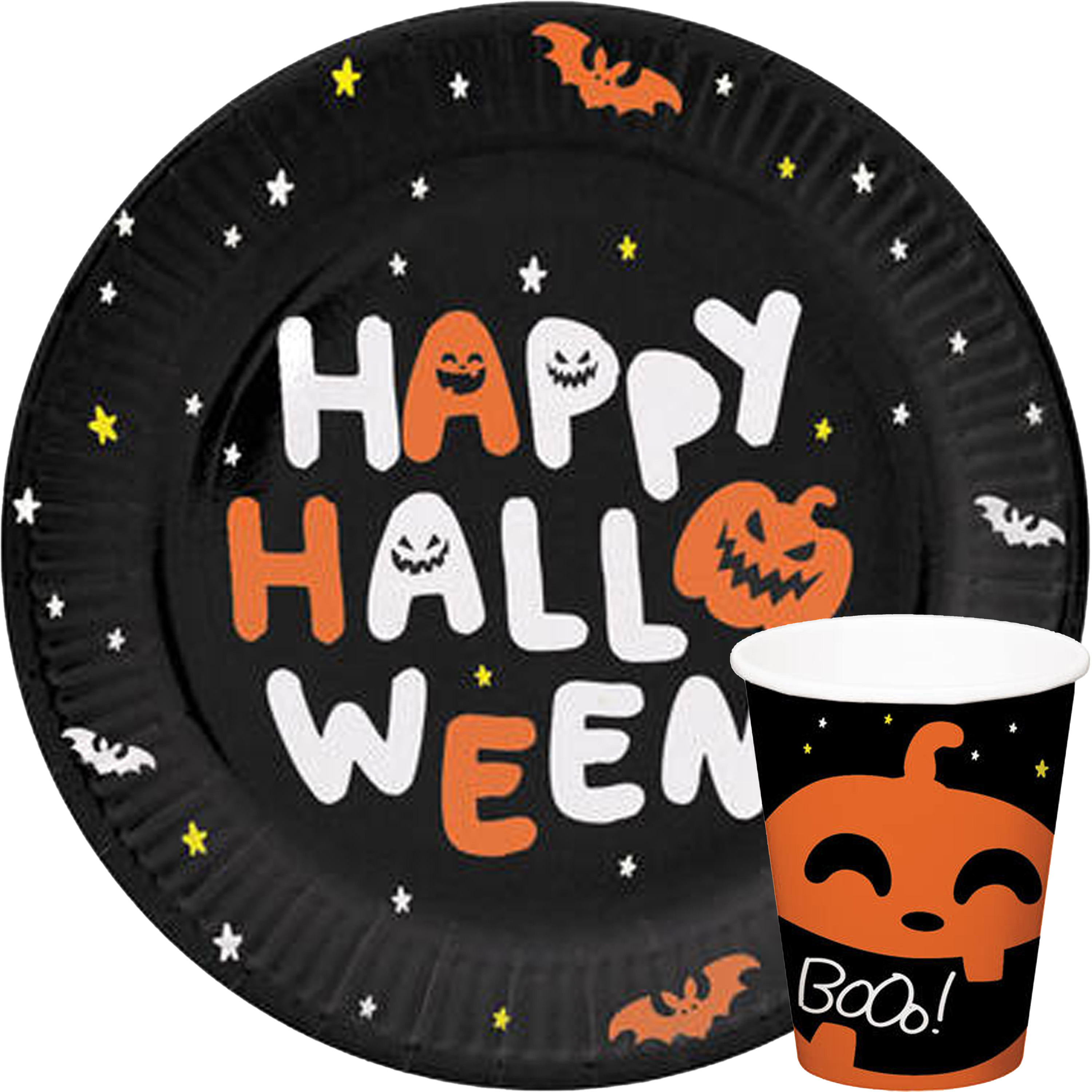 Halloween thema feest servies bord en beker - 24x - pompoen BoOo! print - papier -