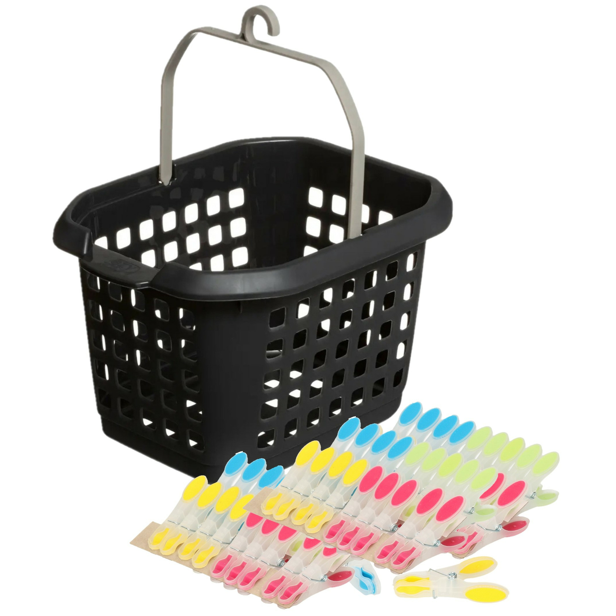 Wasknijpers ophang mandje/bakje - zwart - met 60x plastic soft grip knijpers -