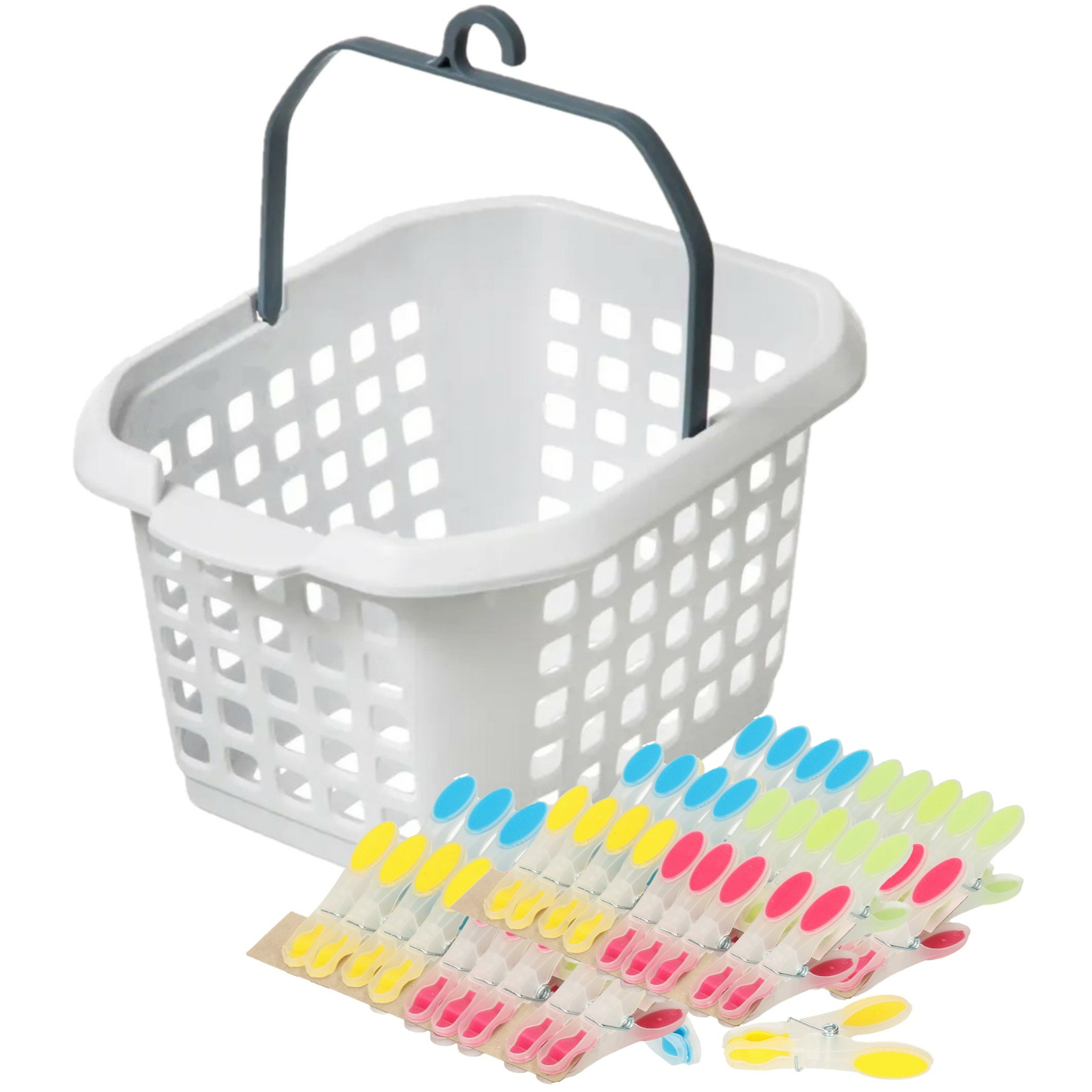 Wasknijpers ophang mandje/bakje - wit - met 60x plastic soft grip knijpers -