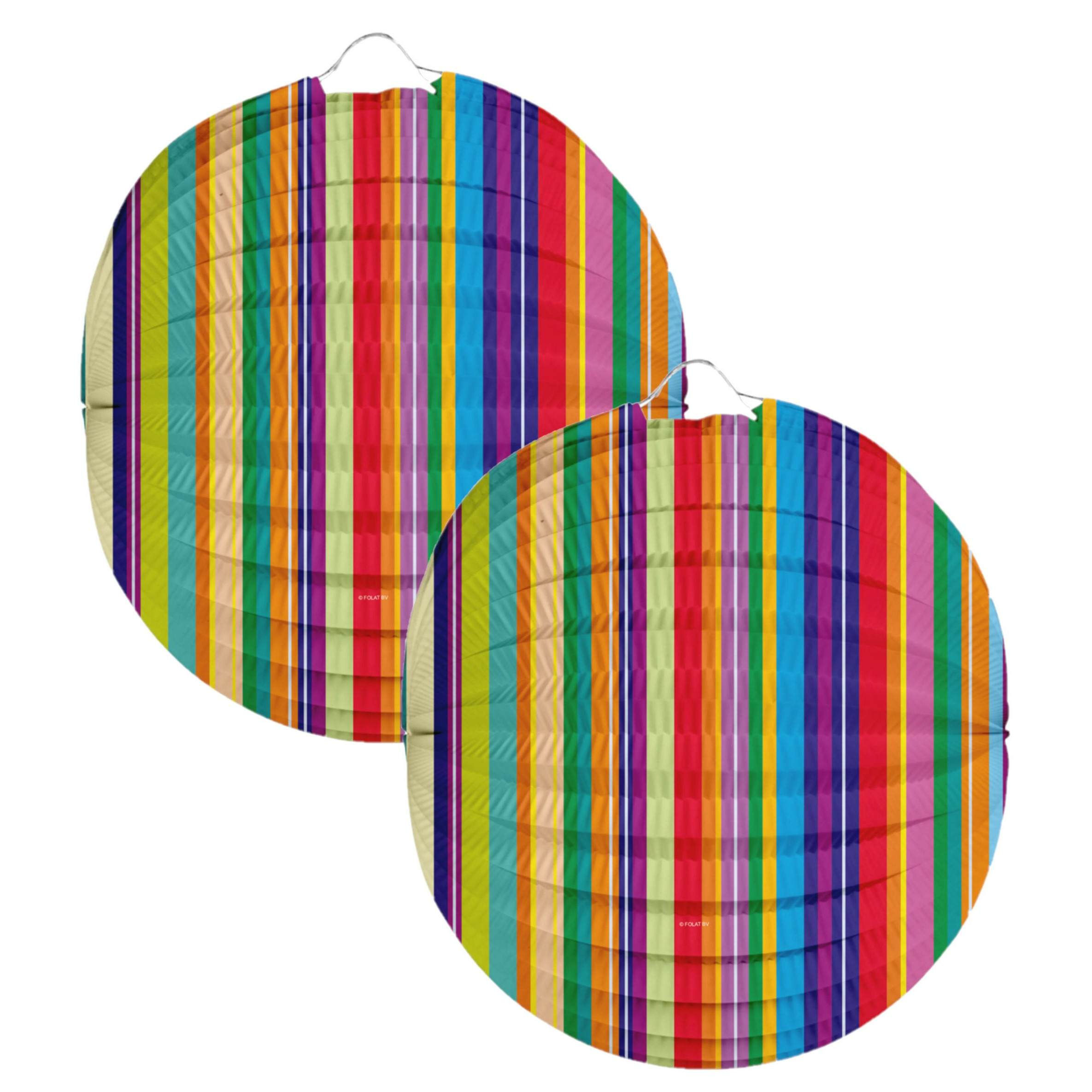 Lampion strepen - 2x - 22 cm - multi kleuren - papier -