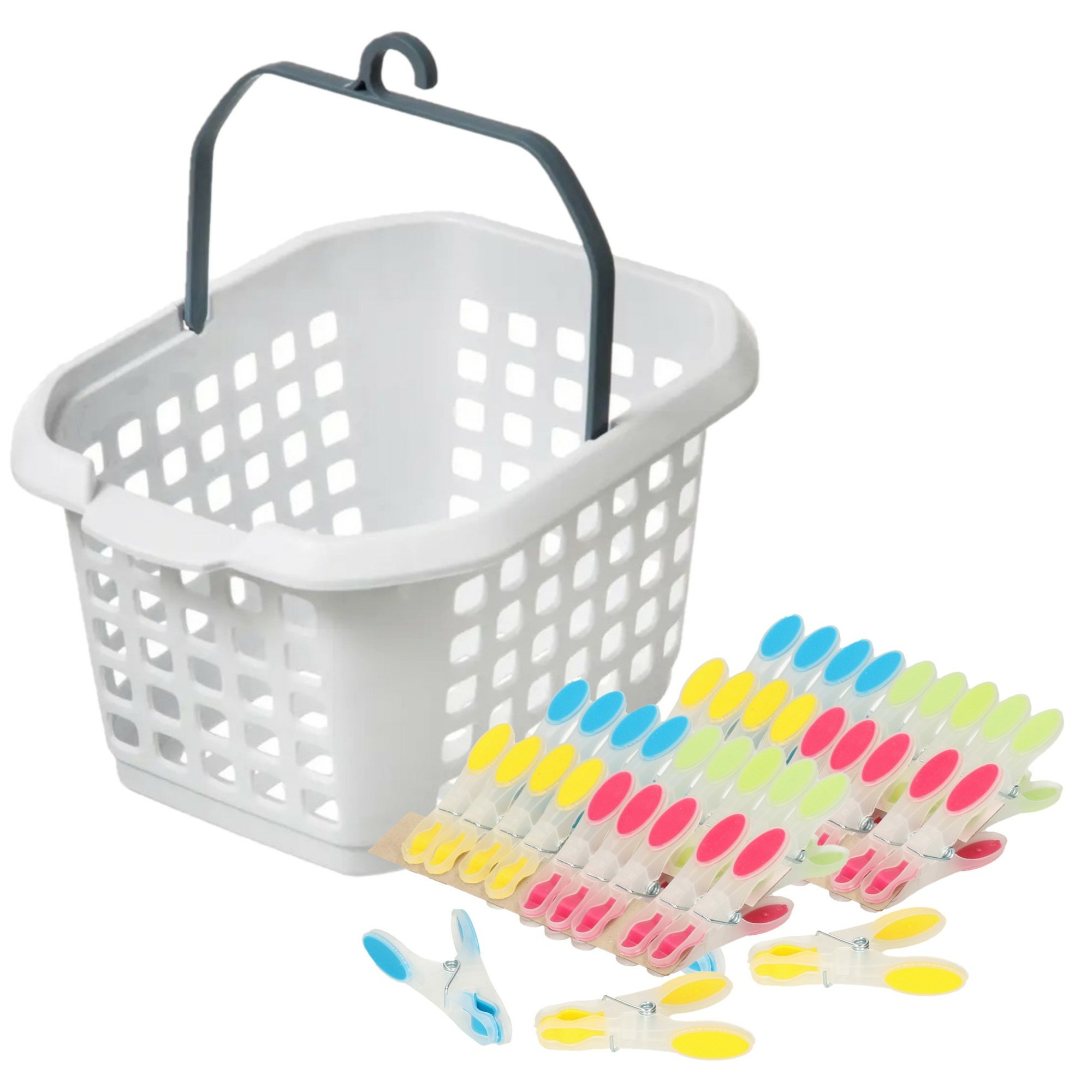 Wasknijpers ophang mandje/bakje - wit - met 40x plastic soft grip knijpers -