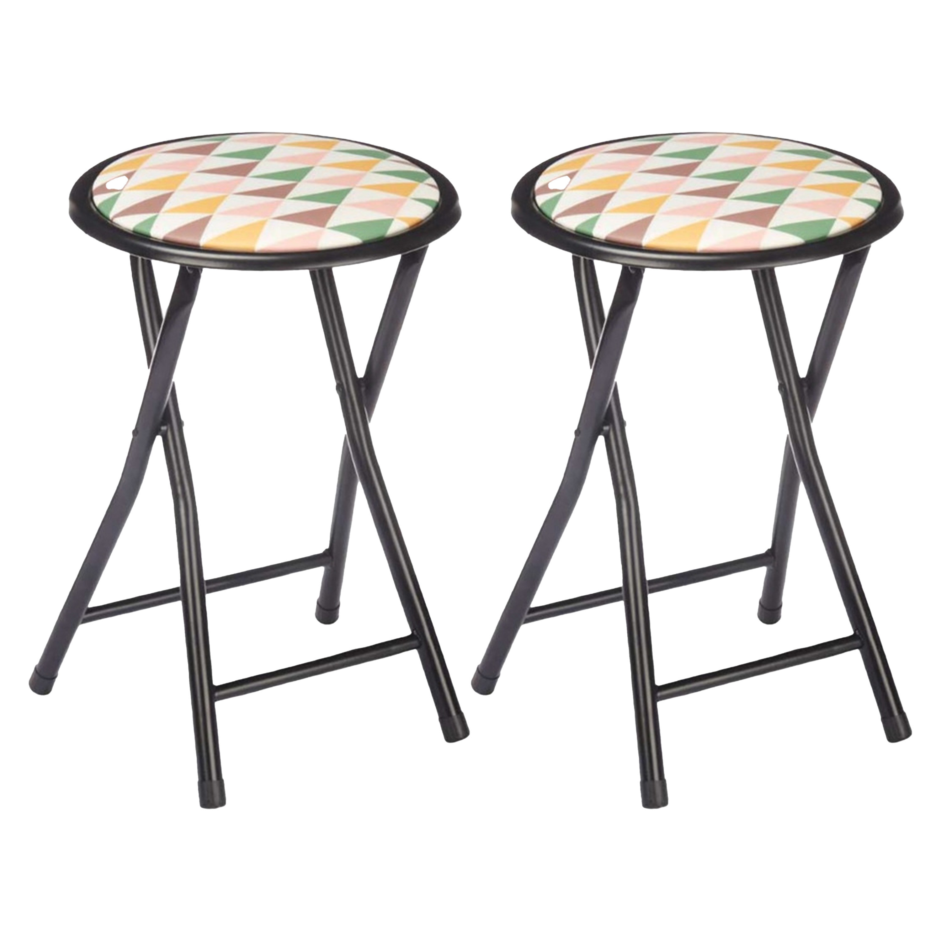 Bijzet krukje/stoel - 2x - Opvouwbaar - zwart/deco patroon - D30 x H45 cm -