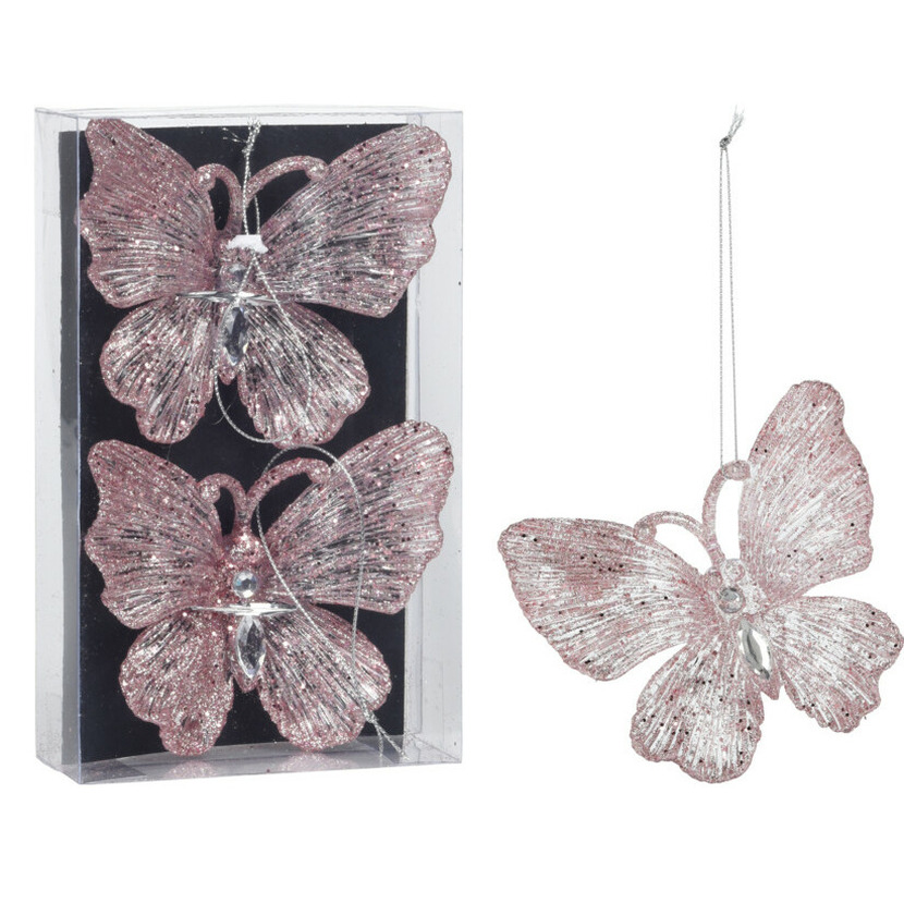 Christmas Decoration kersthangers vlinders - 2x - 15 cm - roze -
