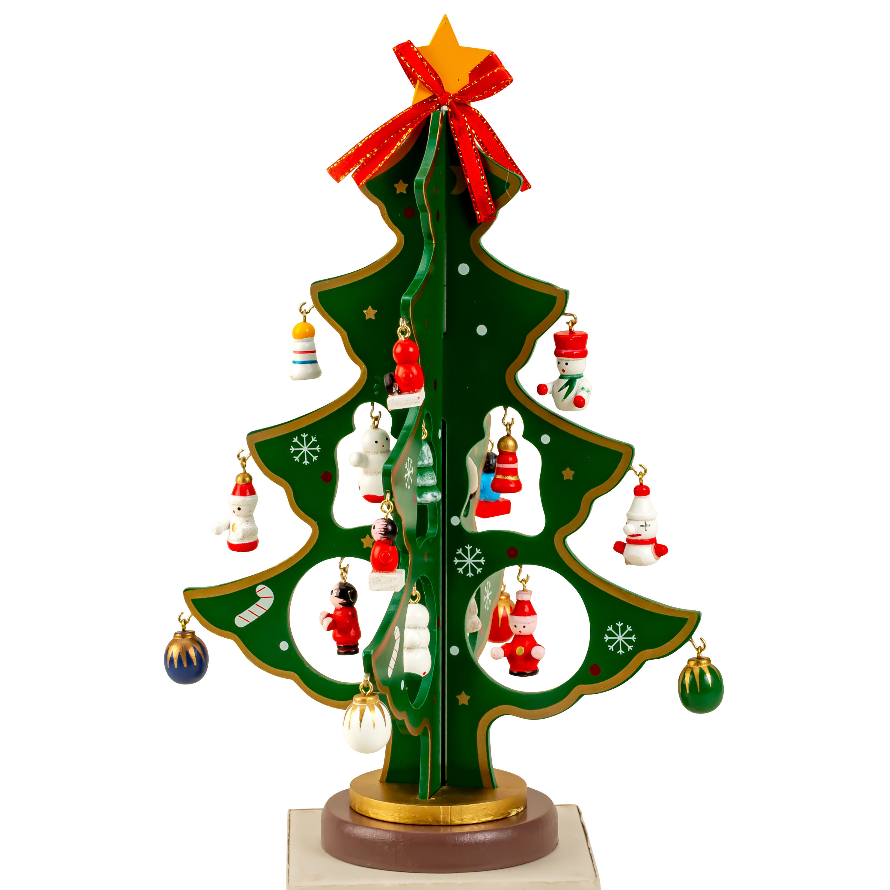 Klein decoratie kerstboompje - groen - met hangers - H25 cm - hout -