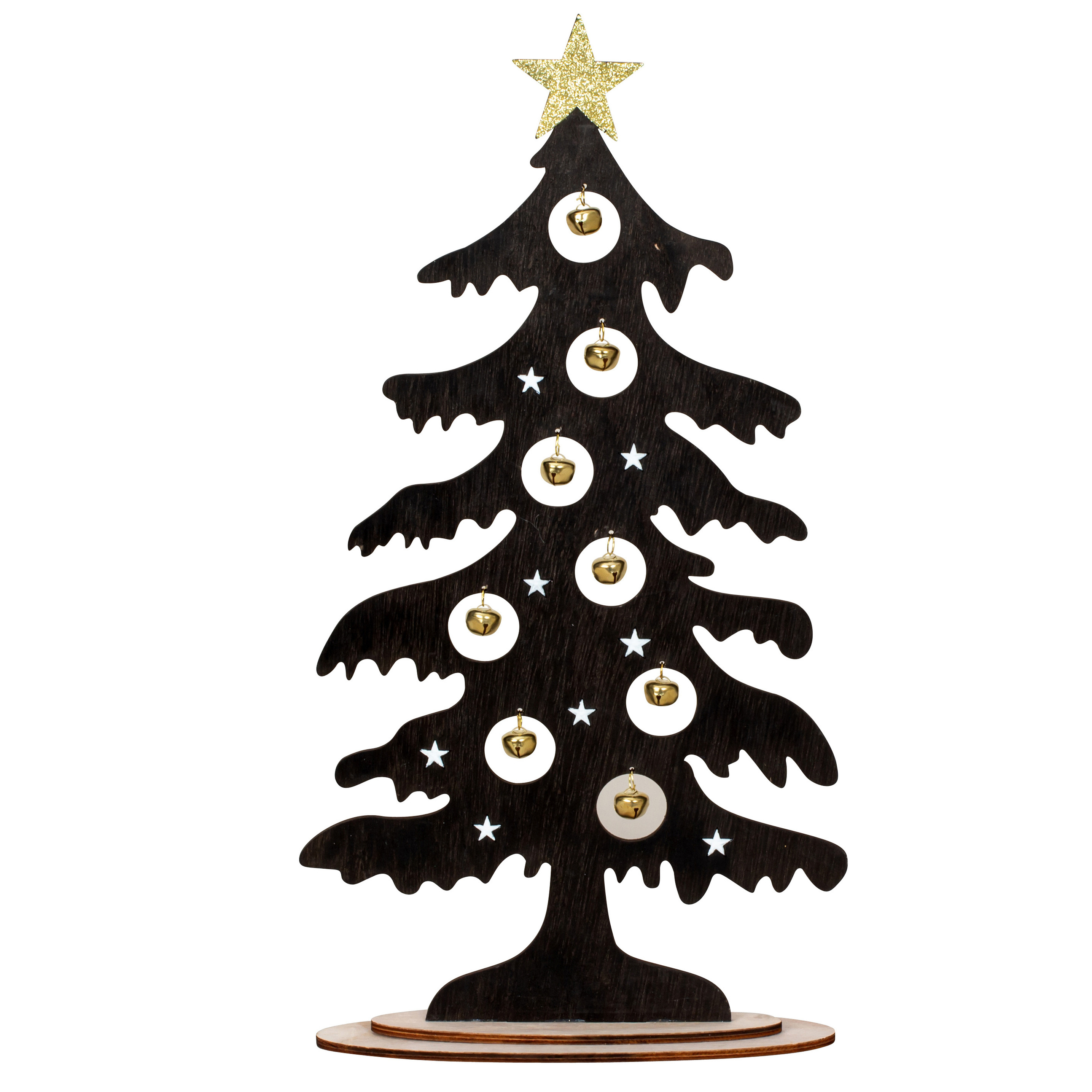 Decoratie kerstboompje - zwart - hout - met gouden belletjes - 44,5 cm -