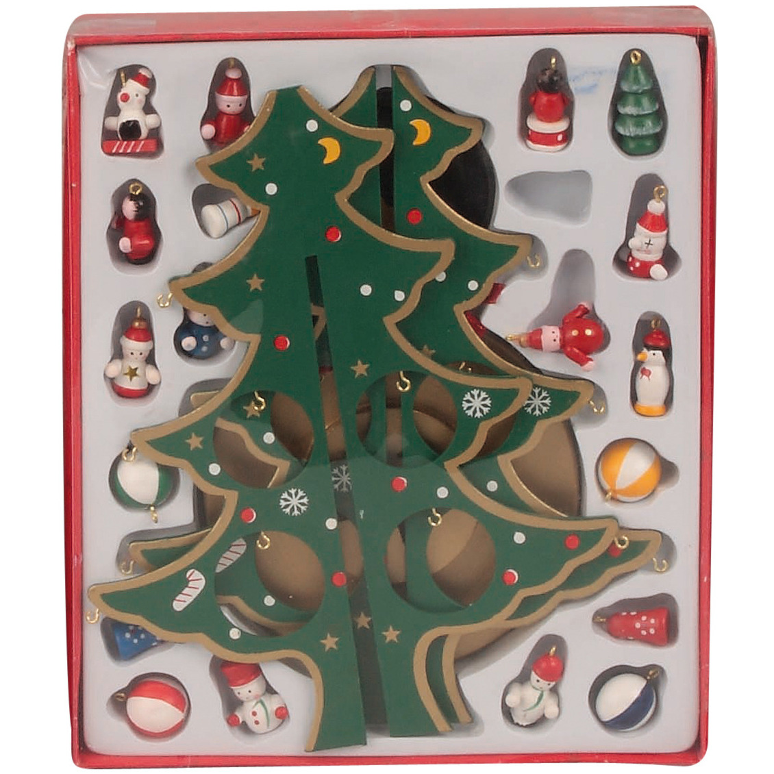 Klein decoratie kerstboompje - groen - met hangers - H28 cm - hout -