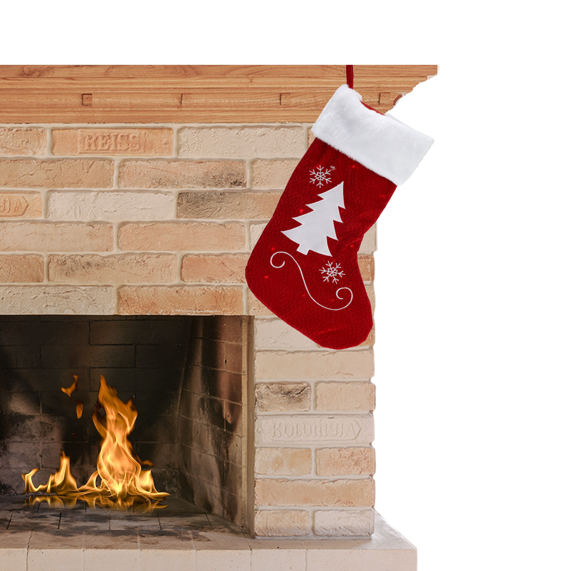 Decoratie kerstsok - kerstboom print - met verlichting - H41 cm -
