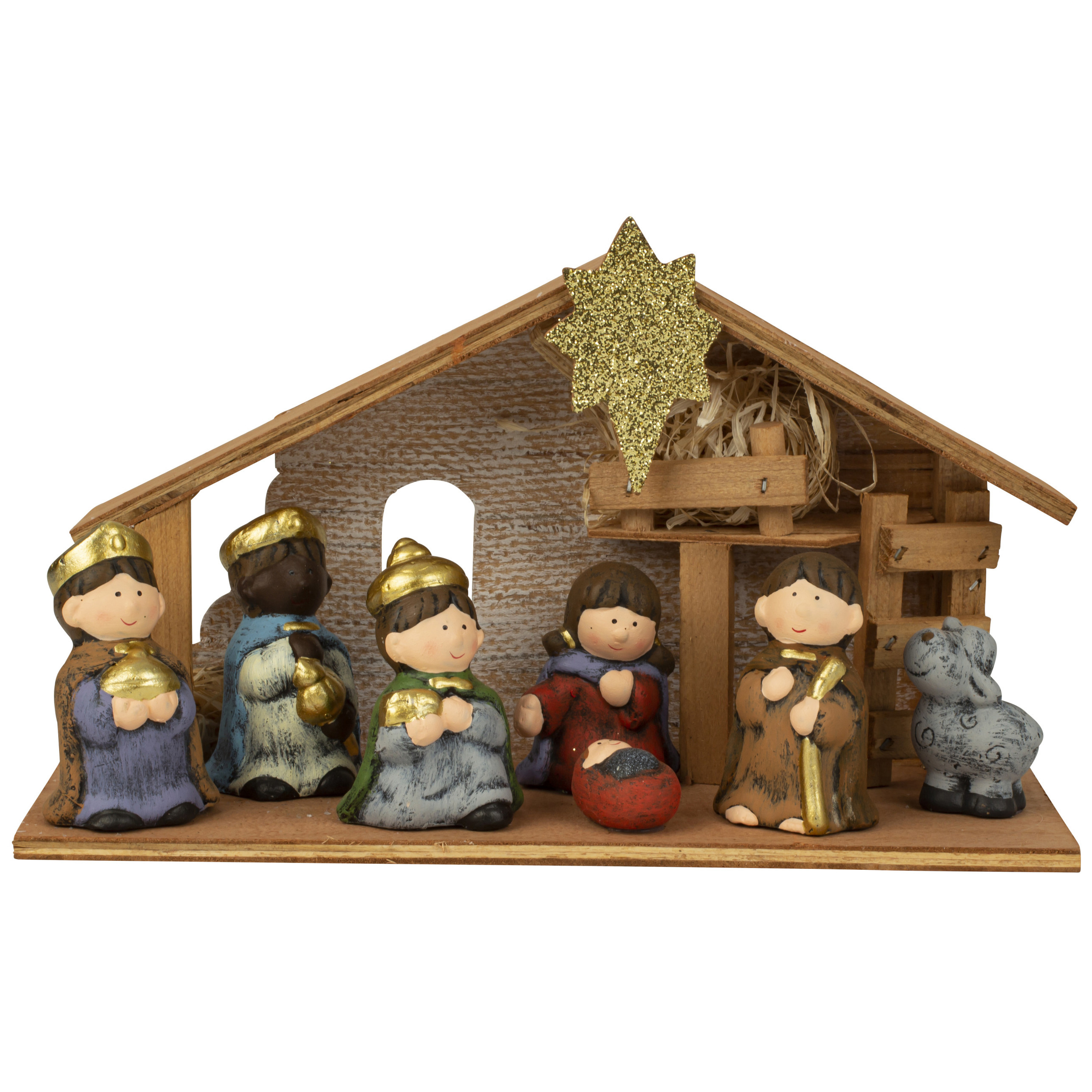 Kerststal voor kinderen - met beeldjes en verlichting - 28 cm - Kinder/kinderkamer kerststalletje -