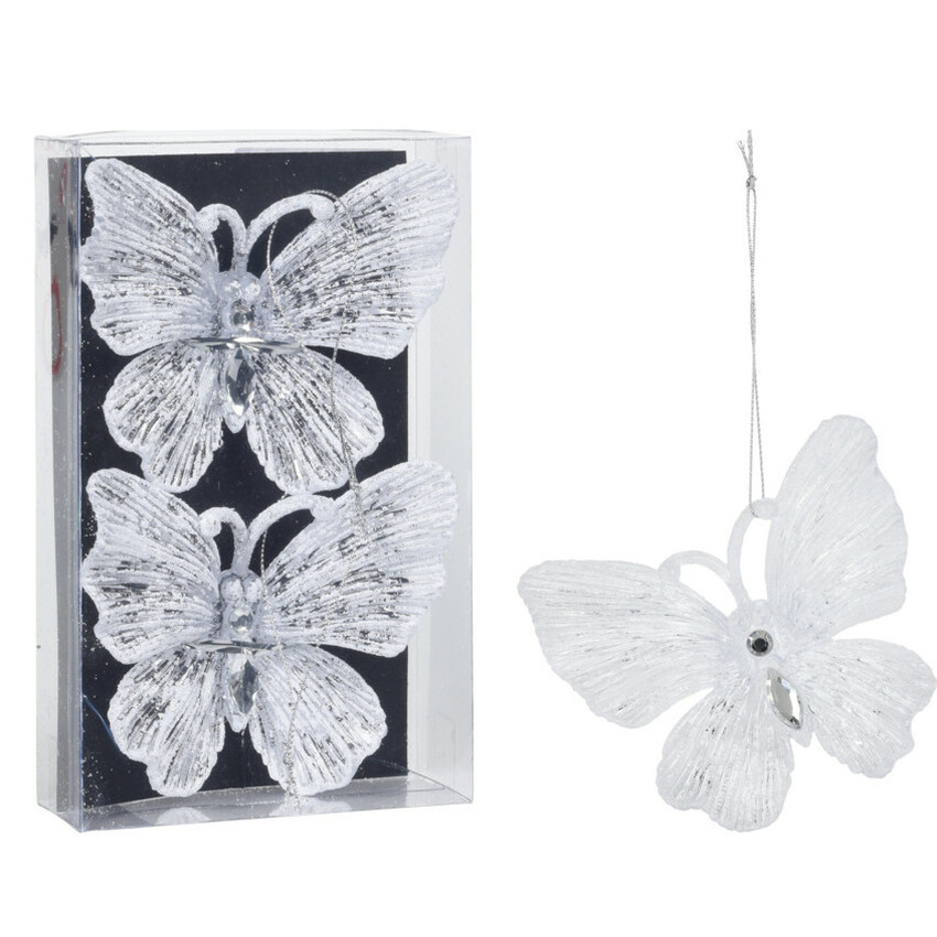 Kersthangers vlinders -2x-transparant met wit glitter -15cm -kunststof -